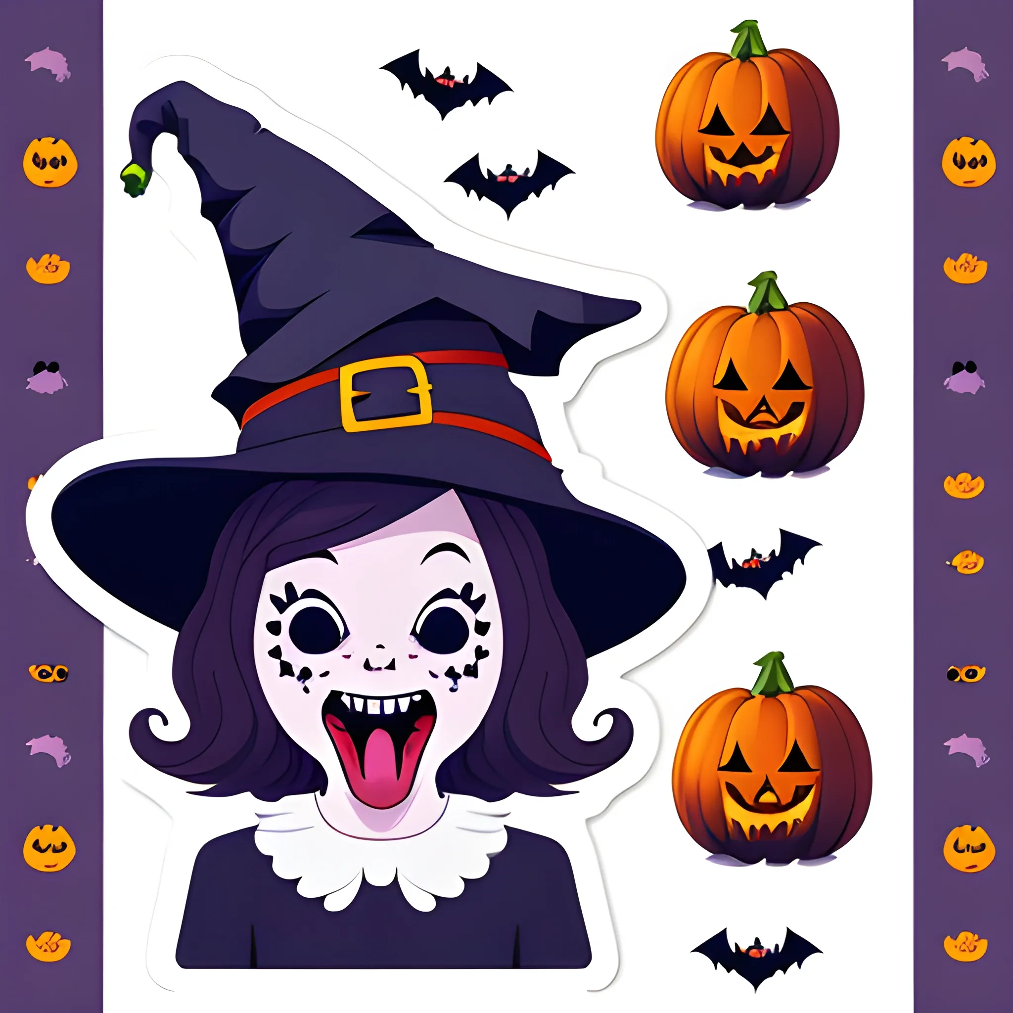 Design of funny witch sticker on Halloween, thick edges, white background, put 4 stickers separated from each other with different coleres palette,  crazy  with the tongue out, Cartoon