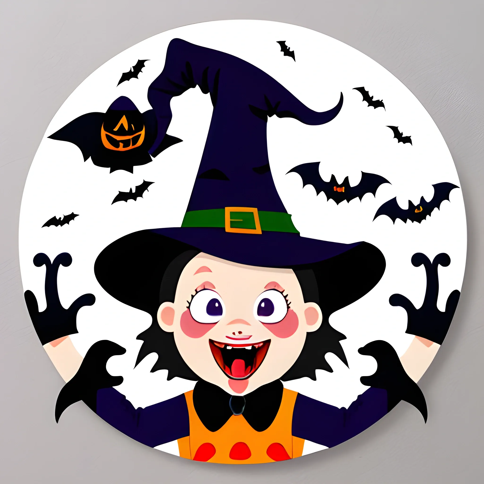 Design of funny witch sticker on Halloween, thick edges, white background, put 4 stickers separated   crazy  with the tongue out, Cartoon