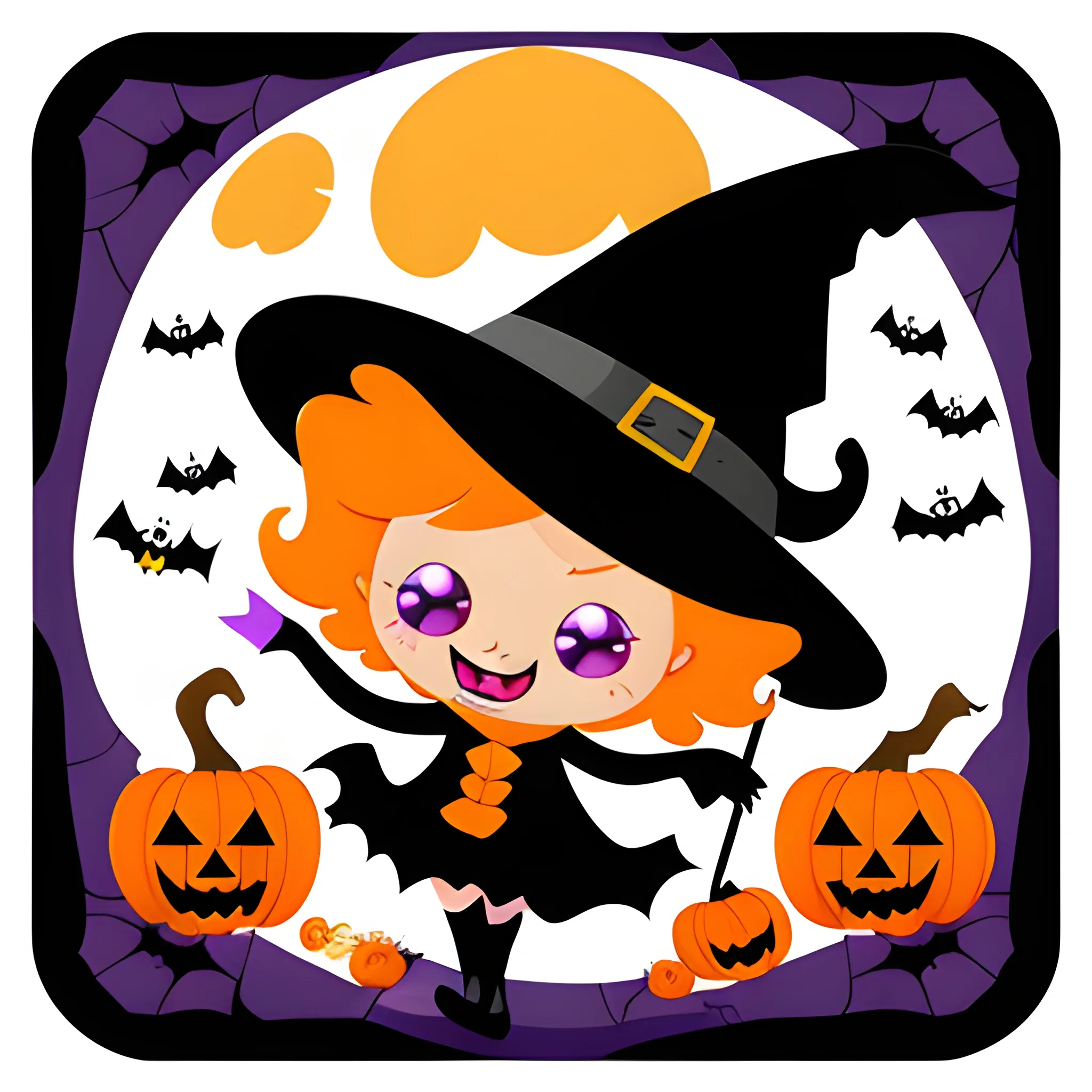 Design of funny witch sticker on Halloween, thick edges, white background, put 4 stickers separated , Cartoon