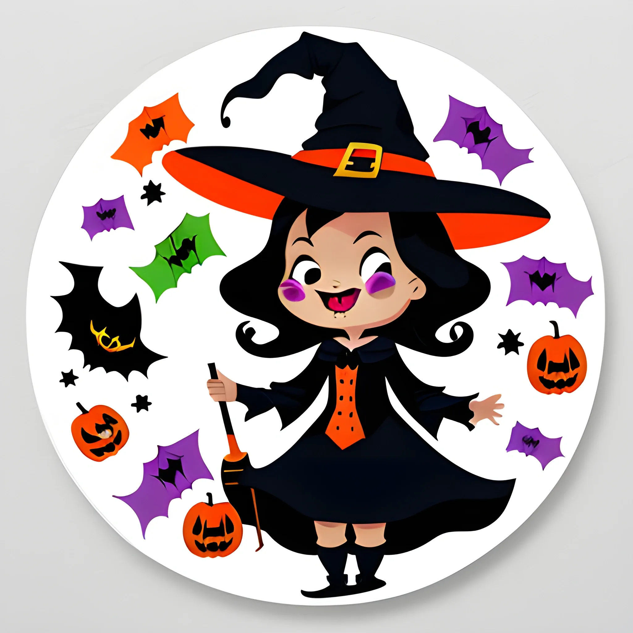 Design of funny witch sticker on Halloween, thick edges, white background, put 4 stickers separated from each other with different coleres palette,  Cartoon