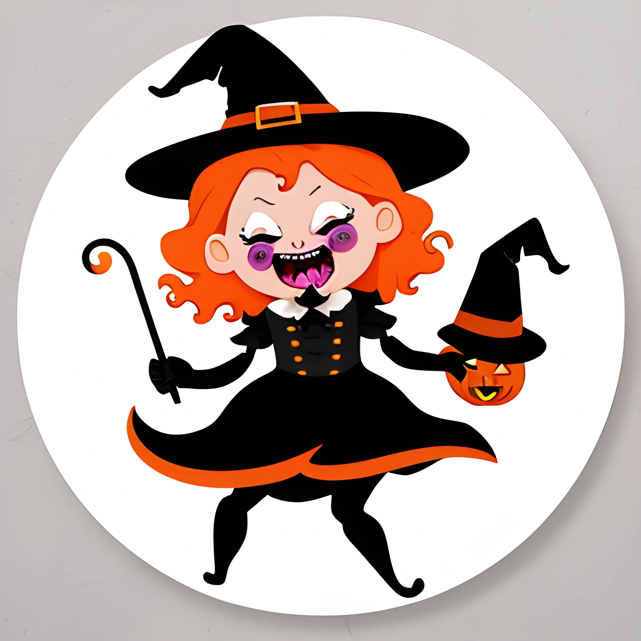 Design of funny witch sticker on Halloween, thick edges, white background, put 4 stickers separated from each other with different coleres palette, one crazy, the other sad, the other cheerful and the other with the tongue out, Cartoon