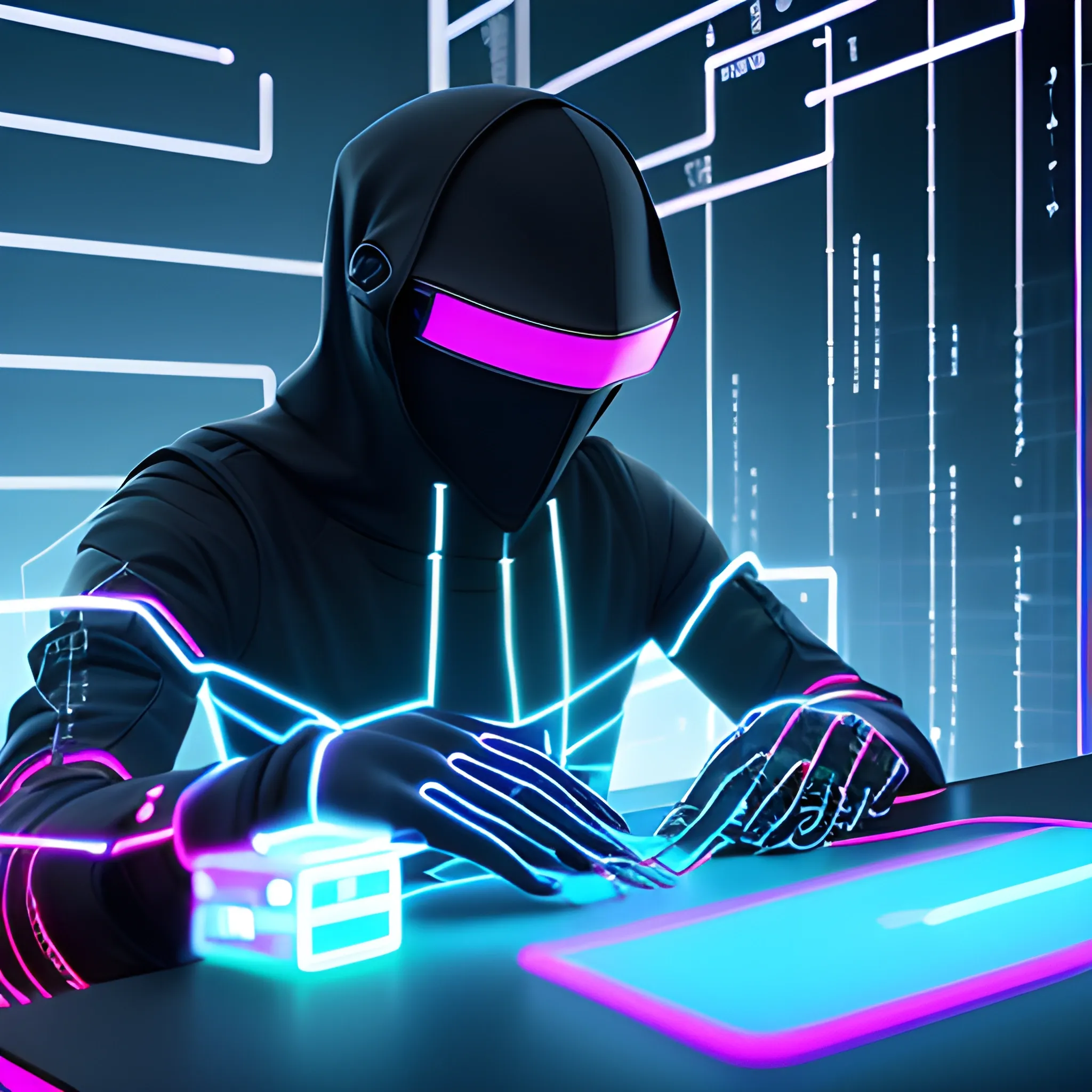 The hacker's face is obscured by a sleek, futuristic mask with augmented reality visor displays. Their identity is shrouded in secrecy, emphasizing the enigmatic nature of their craft.

Torso: Clad in a form-fitting, high-tech suit, the hacker embodies the fusion of human intellect and digital prowess. Glowing circuitry patterns traverse their attire, symbolizing their deep connection with technology.

Limbs: Agile and precise, the hacker's gloved hands dance across holographic screens, typing lines of code with lightning speed. These hands represent the dexterity and skill required for their digital exploits.

Background:

The hacker operates from within a dynamic, neon-lit digital realm. The backdrop pulses with lines of code, cascading data streams, and digital interfaces, illustrating the hacker's mastery over the virtual landscape. It's a visual representation of their domain, where the boundaries of reality and cyberspace blur.