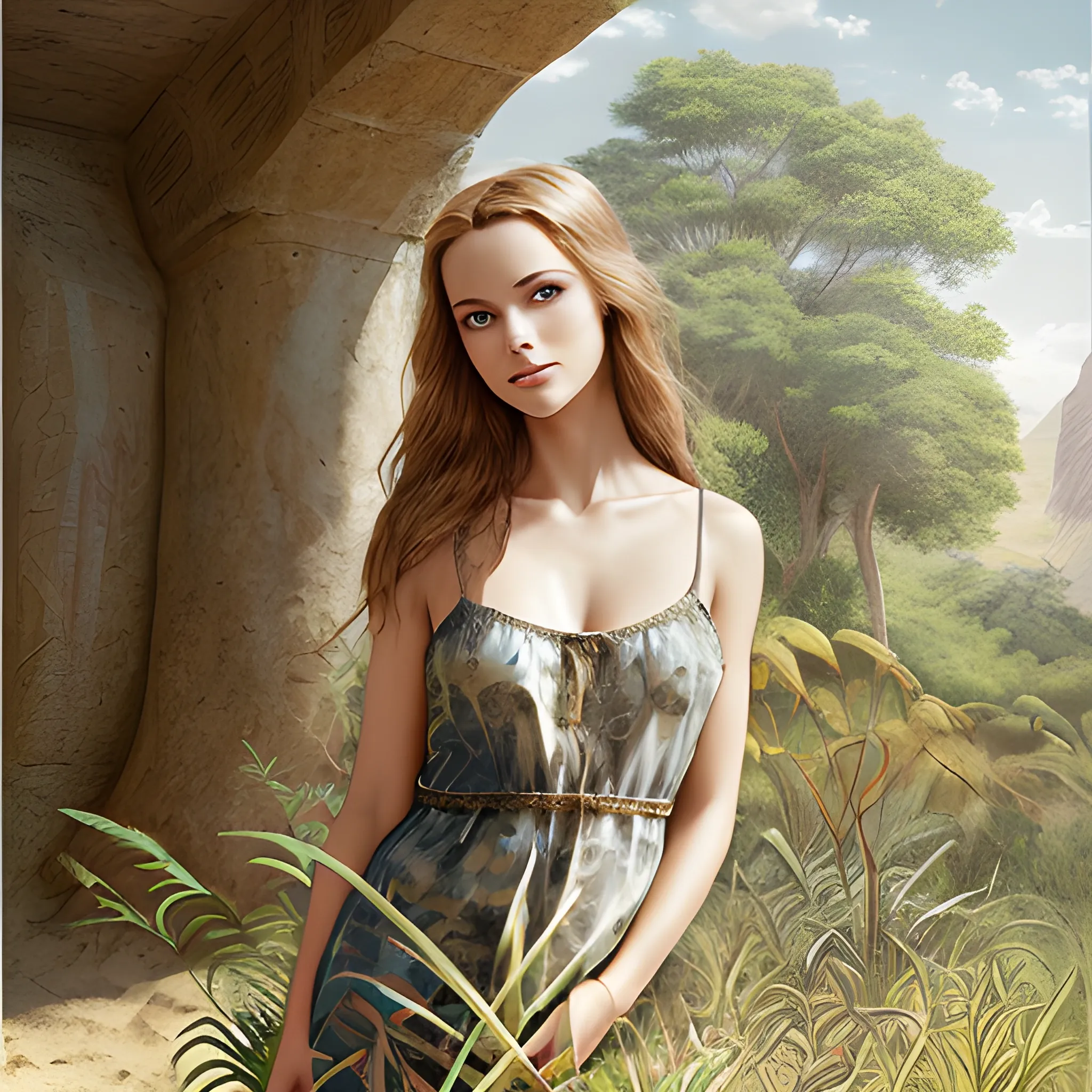 Model Portrait Amidst the Wild:
Place the model in the chemise amidst a beautiful natural setting. Showcase naturalistic hieroglyphs inspired by the surroundings. Employ high resolution and radiant sunlight, Pencil Sketch