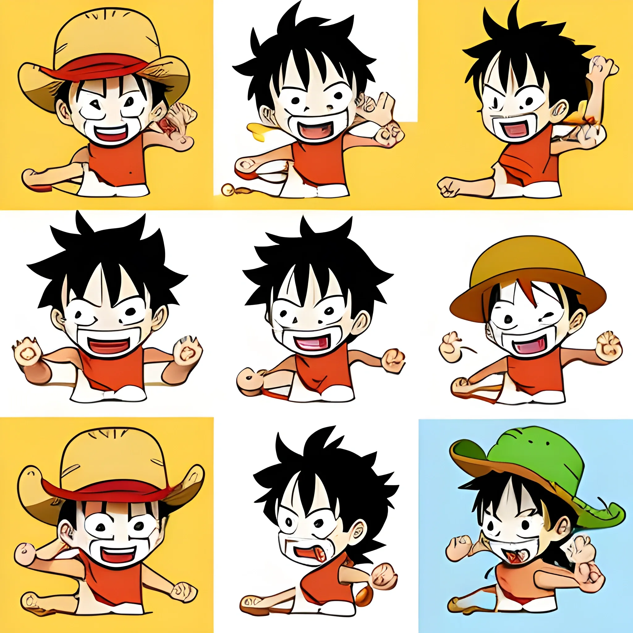 luffy,Simple graphic features, thick and cute limbs, simple and tailored movements. Nine cute poses and expressions, laughing, angry, speechless, sad. Different moods, nine poss and expressions, illustrations, flat colors, simple line 2d paintings, popular art stations, digital art, pixel-style comics, lines, 8k, cartoons, Cartoon