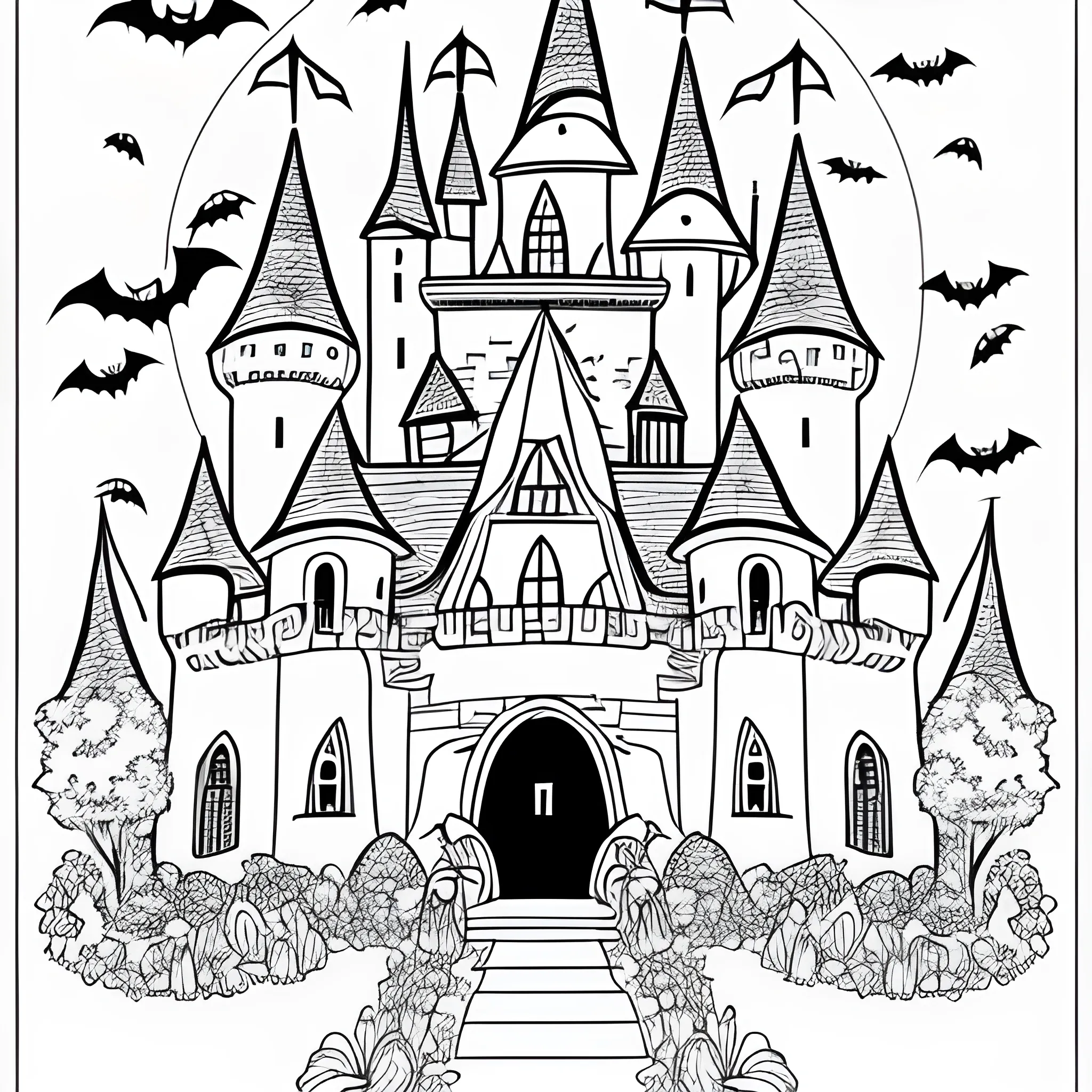 coloring book page, halloween, witch, castle