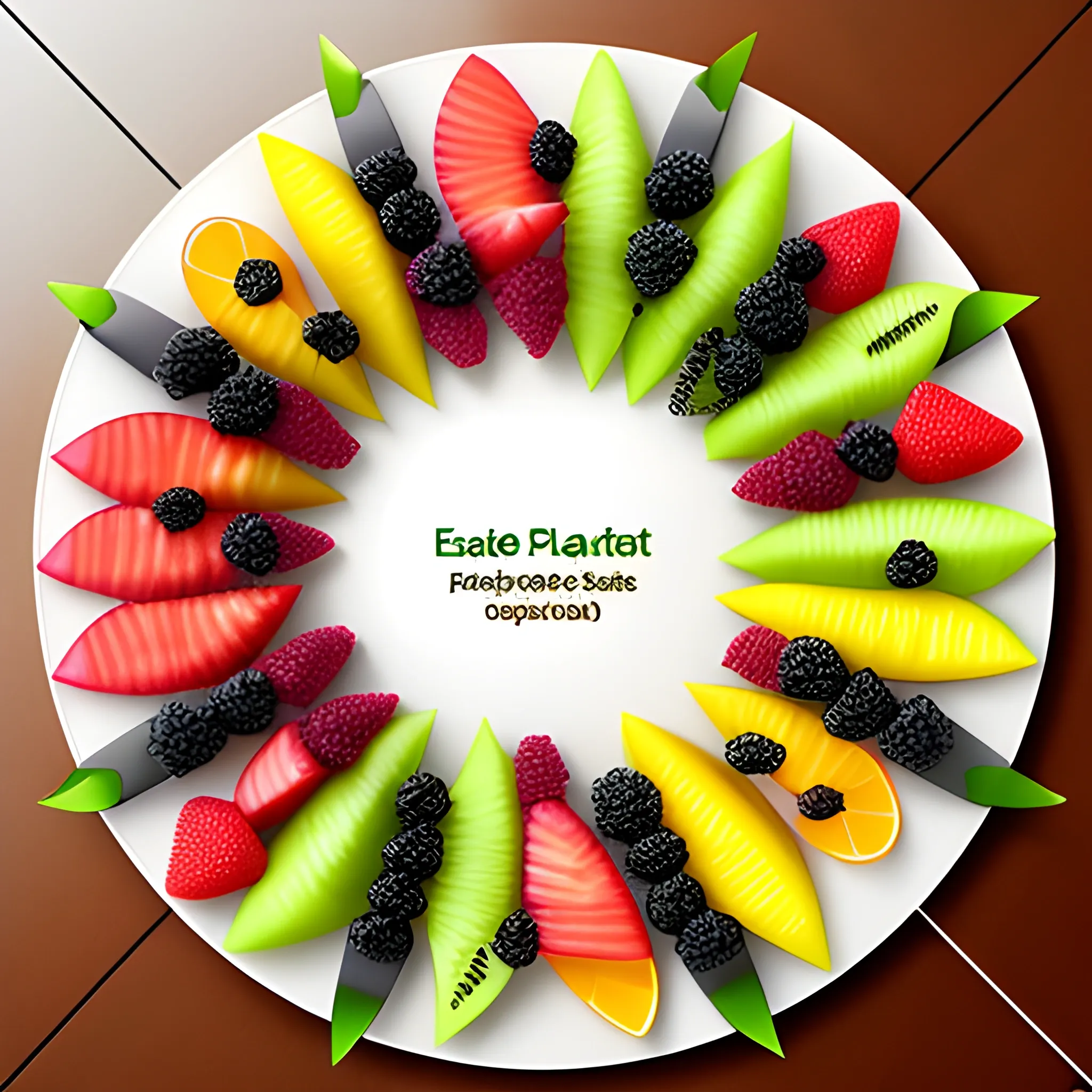 A plate of exotic fruits sliced and laid out beautifully on a plate., 3D