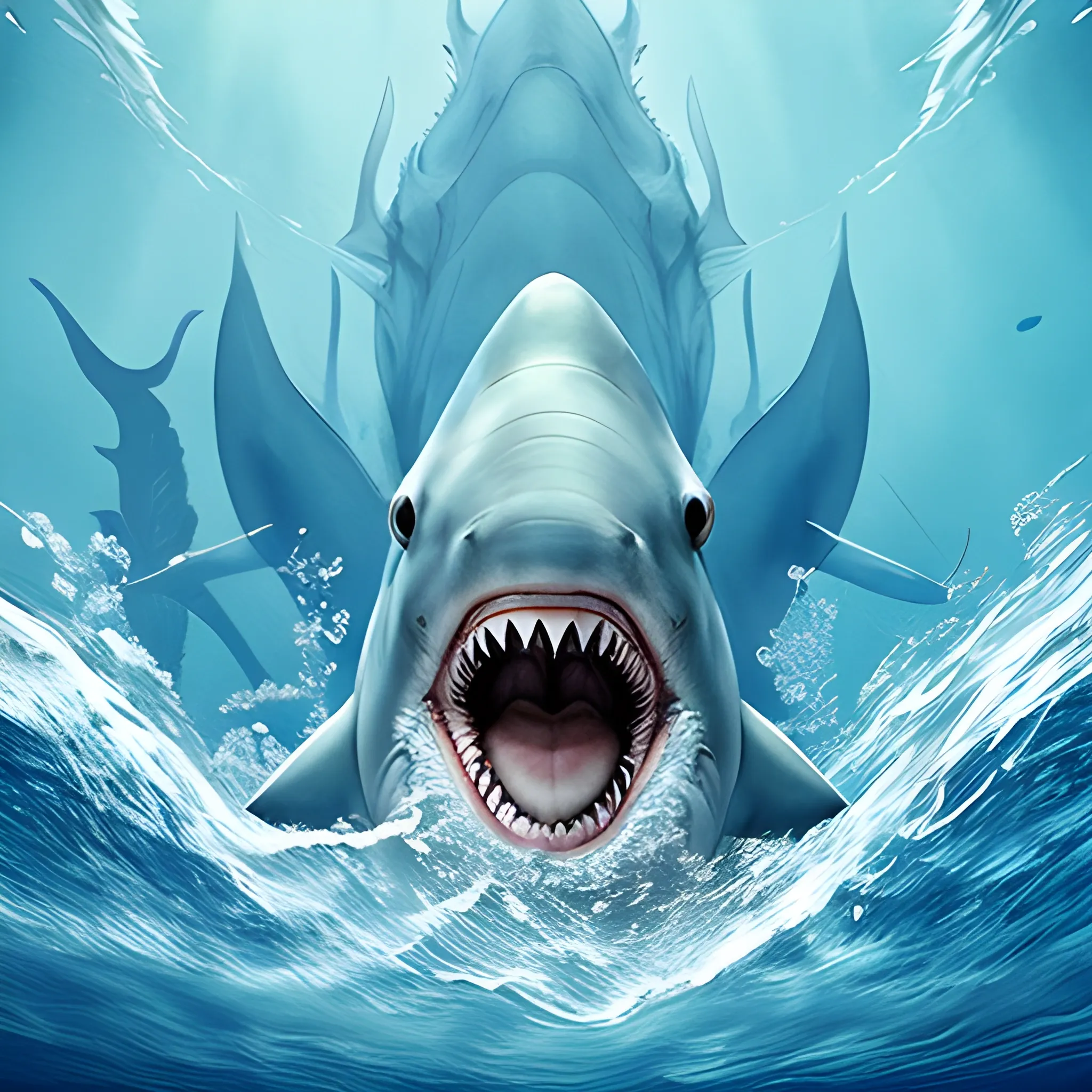 Large shark-like underwater mythological creature, open mouth and sharp teeth focused on the camera while its body and dorsal fin are seen sideways, under the sea, blue background, intricate textures, masterfully elaboadas, blue background Watercolor, trend in artstation, sharp focus, studio photo, intricate details, very detailed, --q 99 --testp --chaos 90