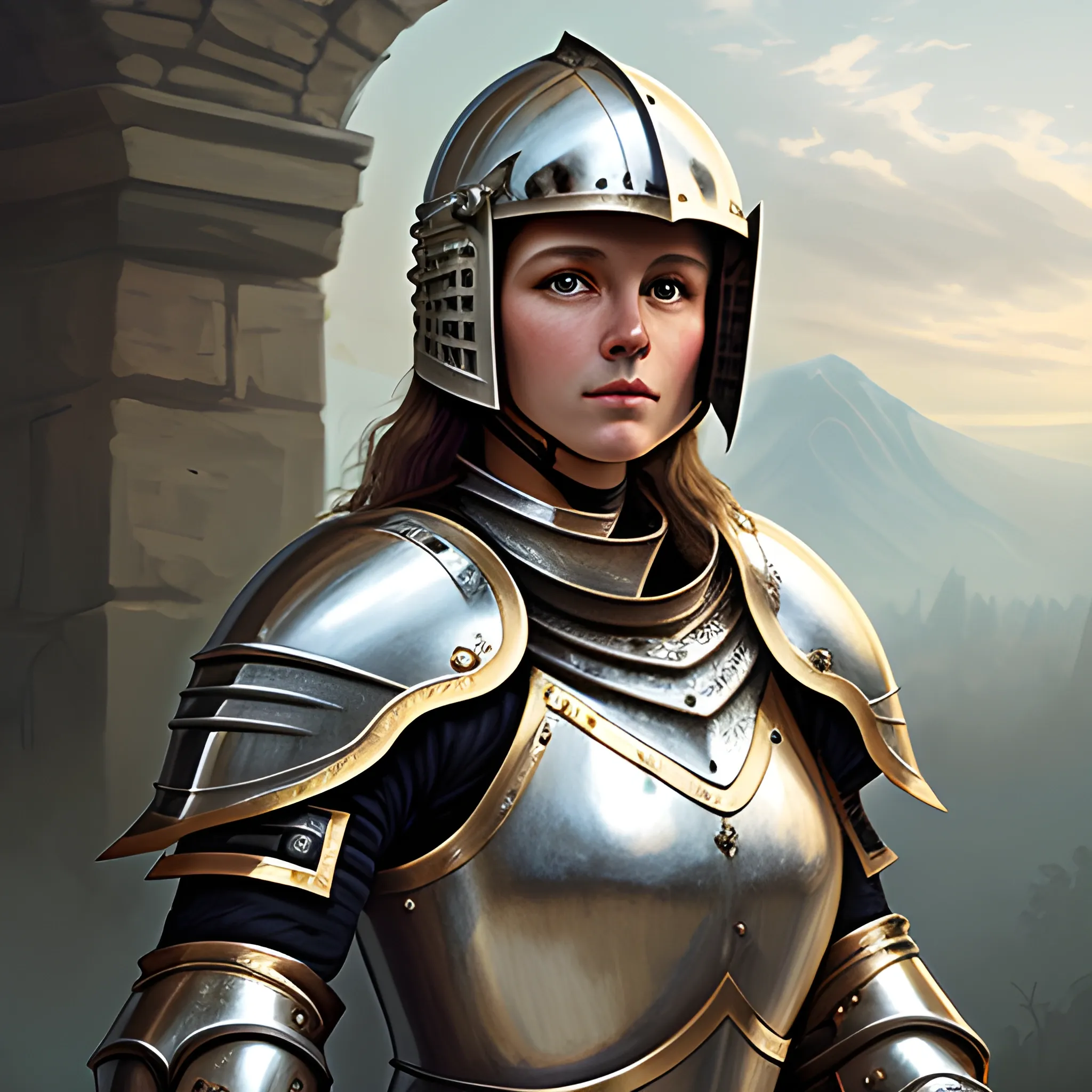 high detail fantasy portrait of a robust female knight wearing a helmet