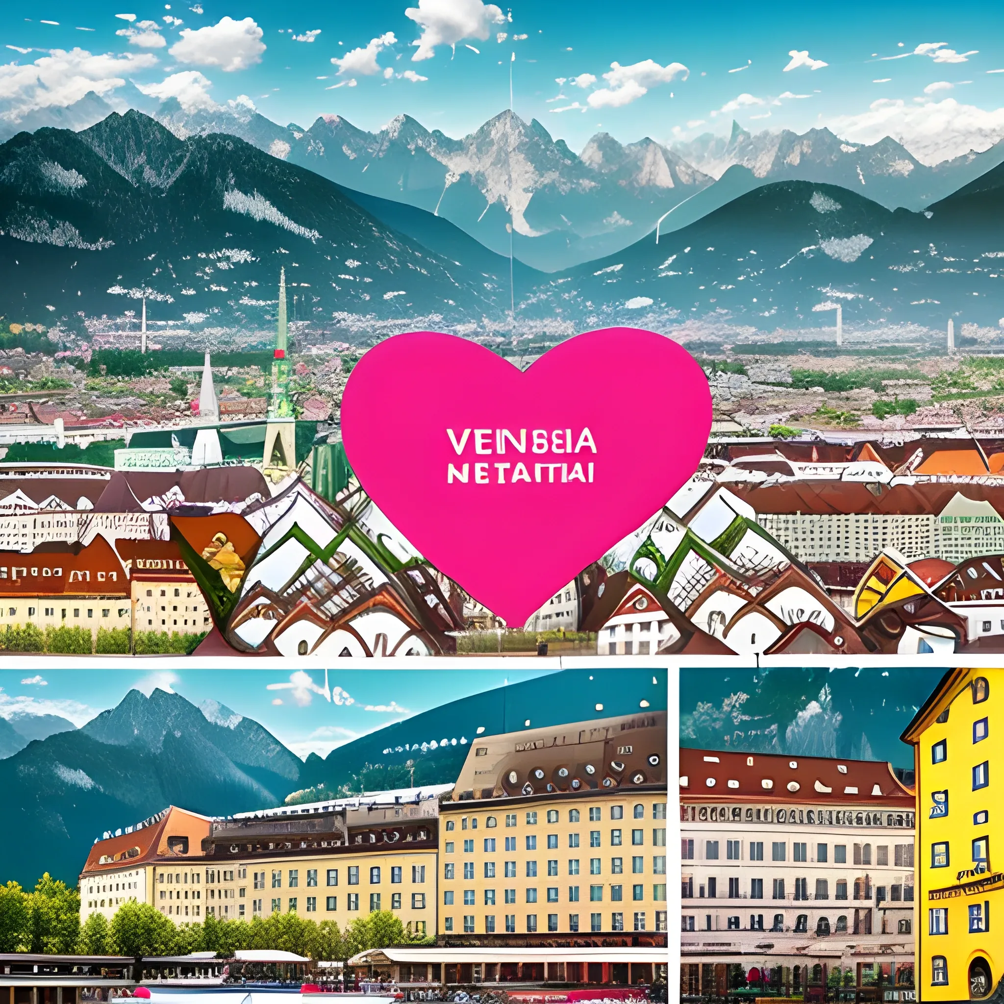 Vienna mixed with Innsbruck with an extra focus on food and landscape. A fotomontage with hearts as well. , Trippy