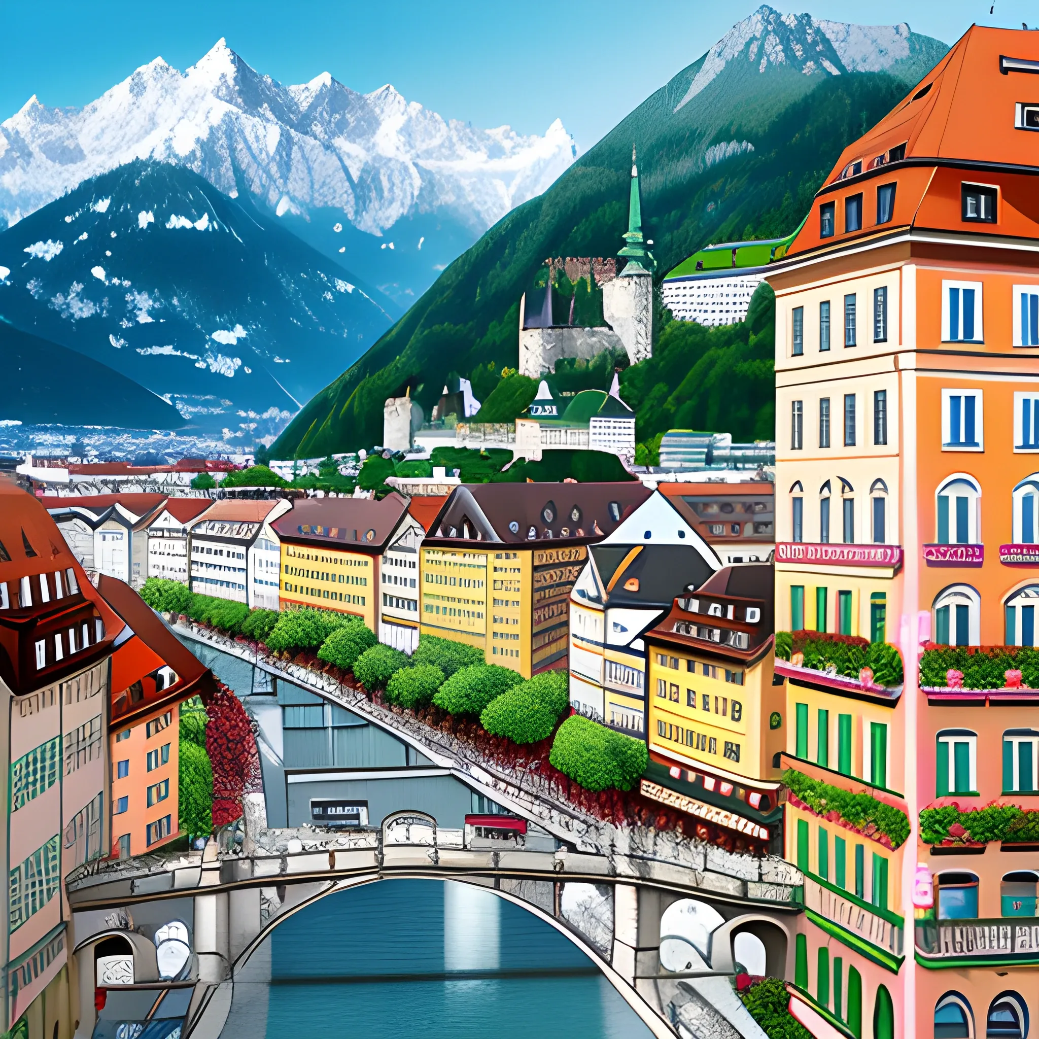 Vienna mixed with Innsbruck with an extra focus on food and landscape. A fotomontage with hearts as well. , Cartoon