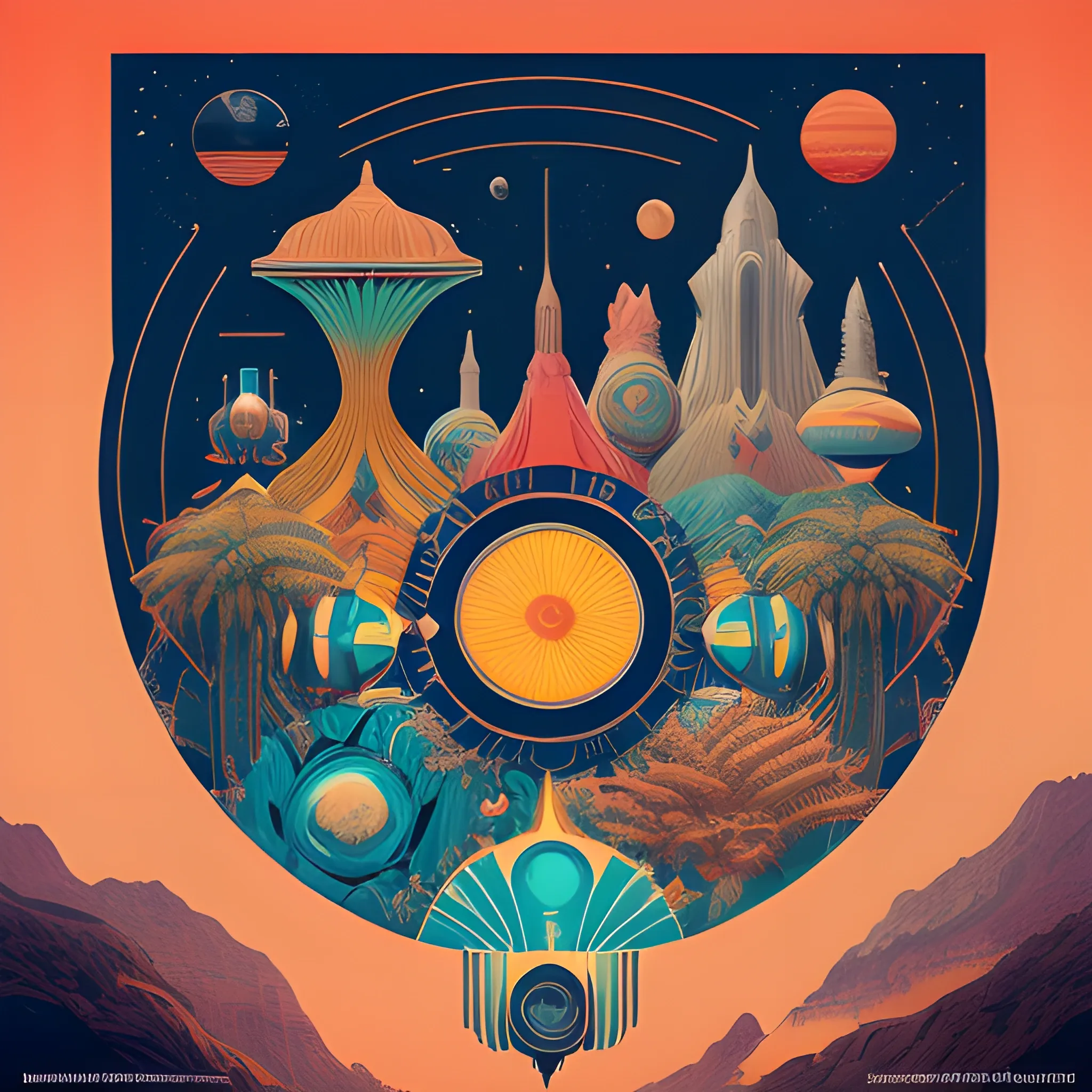 (by Johan Christian Dahl (and Iassen Ghiuselev:0.5)), (in the style of inked), A vintage travel poster depiction of an exotic alien planet, featuring vibrant landscapes and strange flora and fauna. The camera angle is a medium shot, capturing the planet's distinctive features while keeping the focus on the intricate details of the alien world. The color palette is rich and multicolor, invoking a sense of wonder and otherworldliness. The poster is designed in an art deco style, combining bold geometric shapes with intricate patterns. This image is a playful and imaginative representation of intergalactic travel, perfectly blending nostalgia and futuristic elements., (high quality), (detailed), (masterpiece), (best quality), (highres), (extremely detailed), (8k)