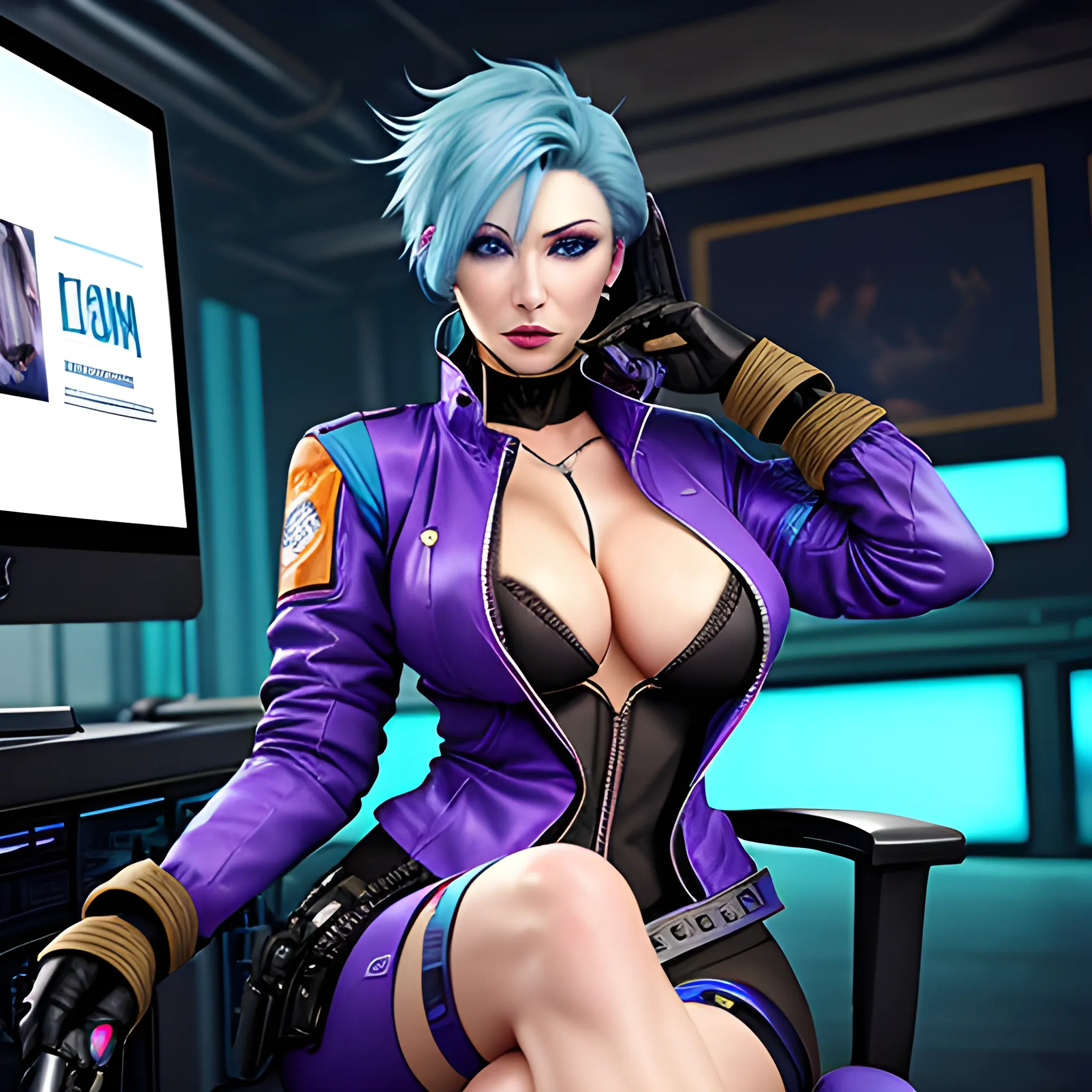 a woman with blue hair sitting on a chair in front of a computer monitor screen, 1girl, solo, breasts, looking_at_viewer, blue_eyes, gloves, holding, jewelry, sitting, closed_mouth, blue_hair, jacket, weapon, purple_hair, thighs, multicolored_hair, earrings, open_clothes, black_gloves, holding_weapon, open_jacket, lips, coat, crop_top, gun, chair, crossed_legs, holding_gun, handgun, cyberpunk