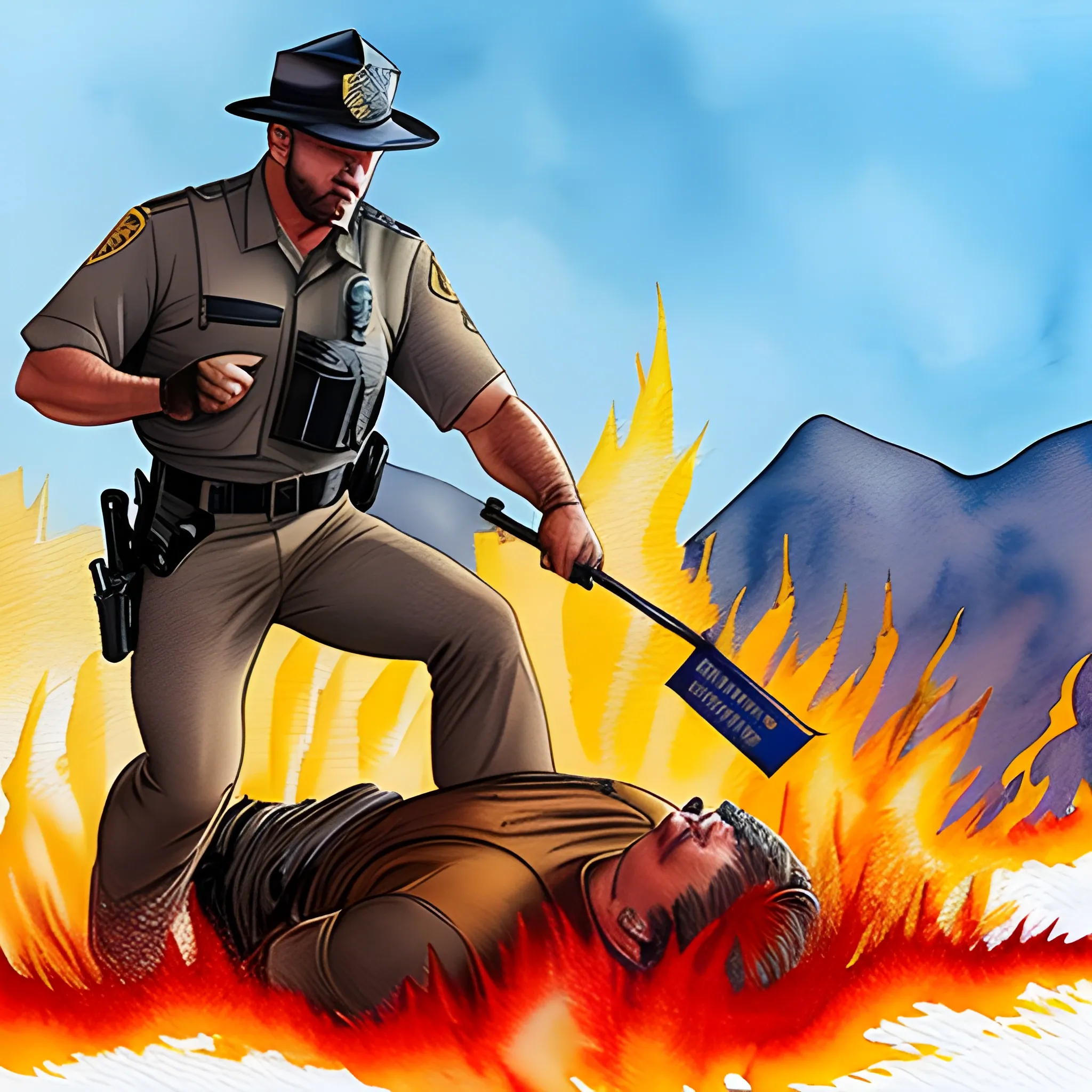 Water Color,  looks super real, police officer saving a two year old infant, walking through fire that is covering all of the ground and two feet high off the ground,  but the officer from Argentina holds the child up hi infant up over his shoulders and when he's just about to make it he just falls in the fire while throwing the infant safely to the edge, looks like an actual photo