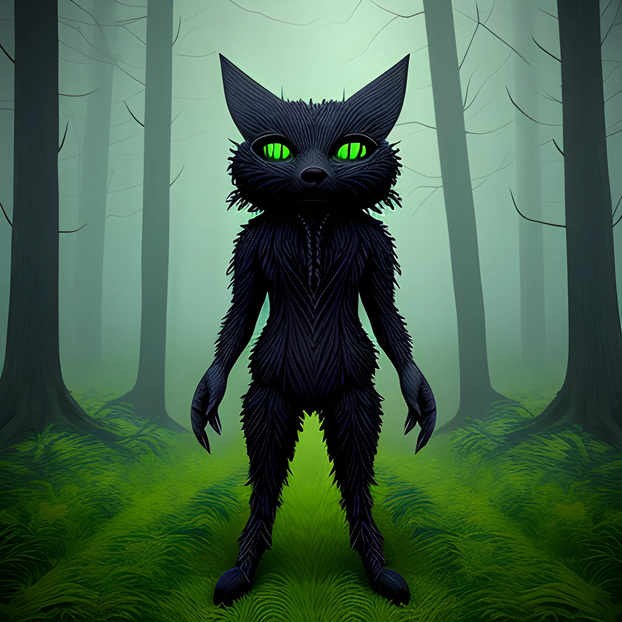 , Trippy, full body small creature doll, forest creatures, fantasy, forest, tall grass, forest Background, 3D, black fur, creepy