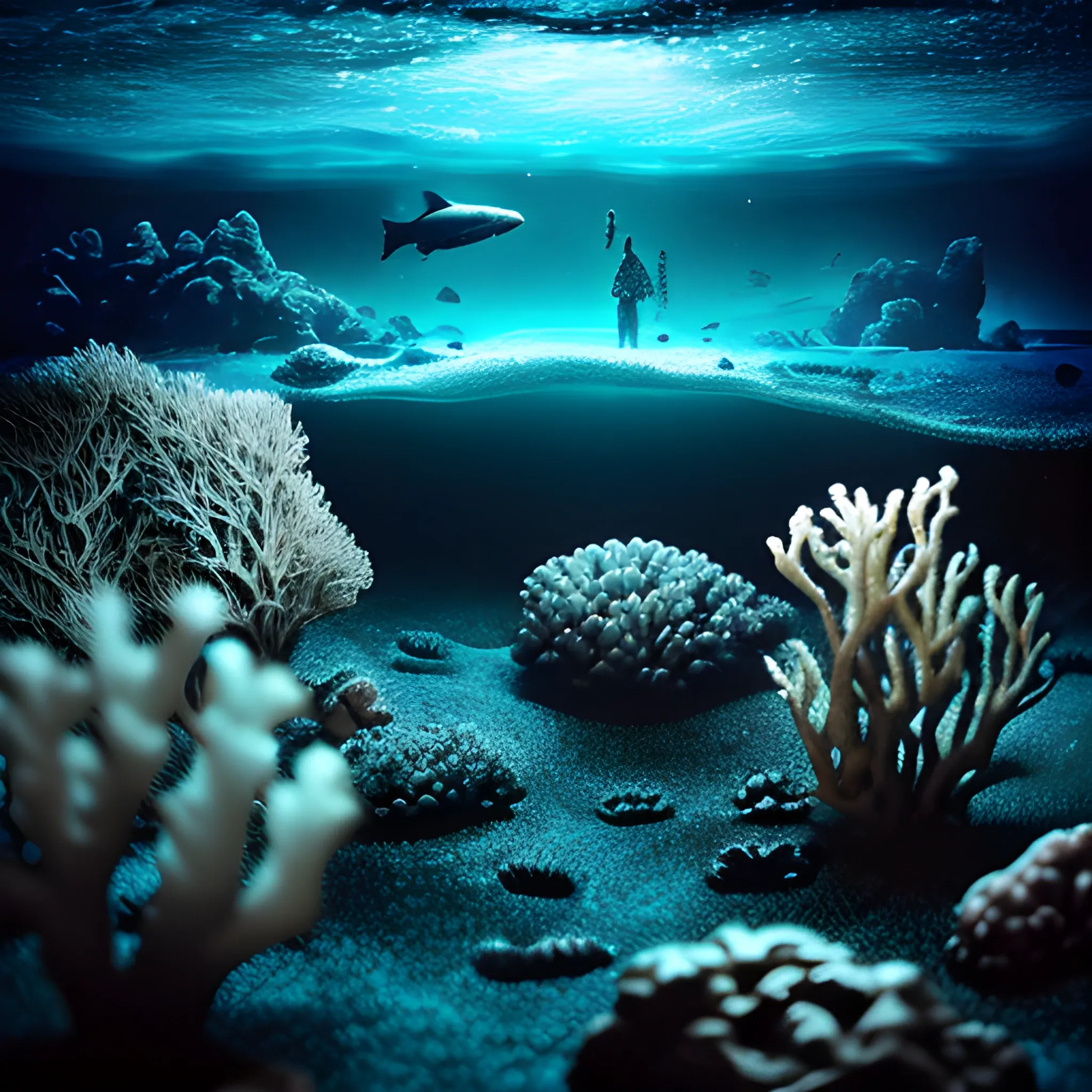 Under the sea landscape, no fish, no corals, very dark, too dark, dark fantasy style feeling of fear, dark bacground, ultra-realistic, macro photography, hyperrealistic, landscape, , fantastic blacklight, the camera lets you see a pco of sky out of the water