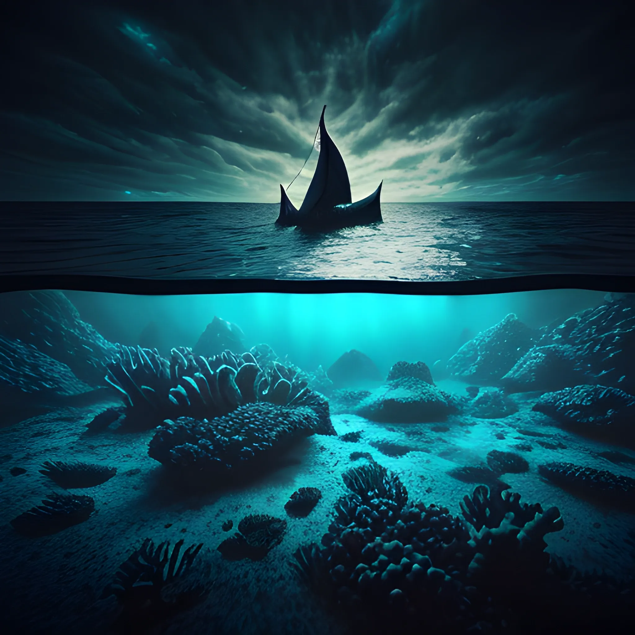 Under the sea landscape, no fish, no corals, very dark, too dark, dark fantasy style feeling of fear, dark bacground, ultra-realistic, macro photography, hyperrealistic, landscape, , fantastic blacklight, the camera lets you see a pco of sky out of the water