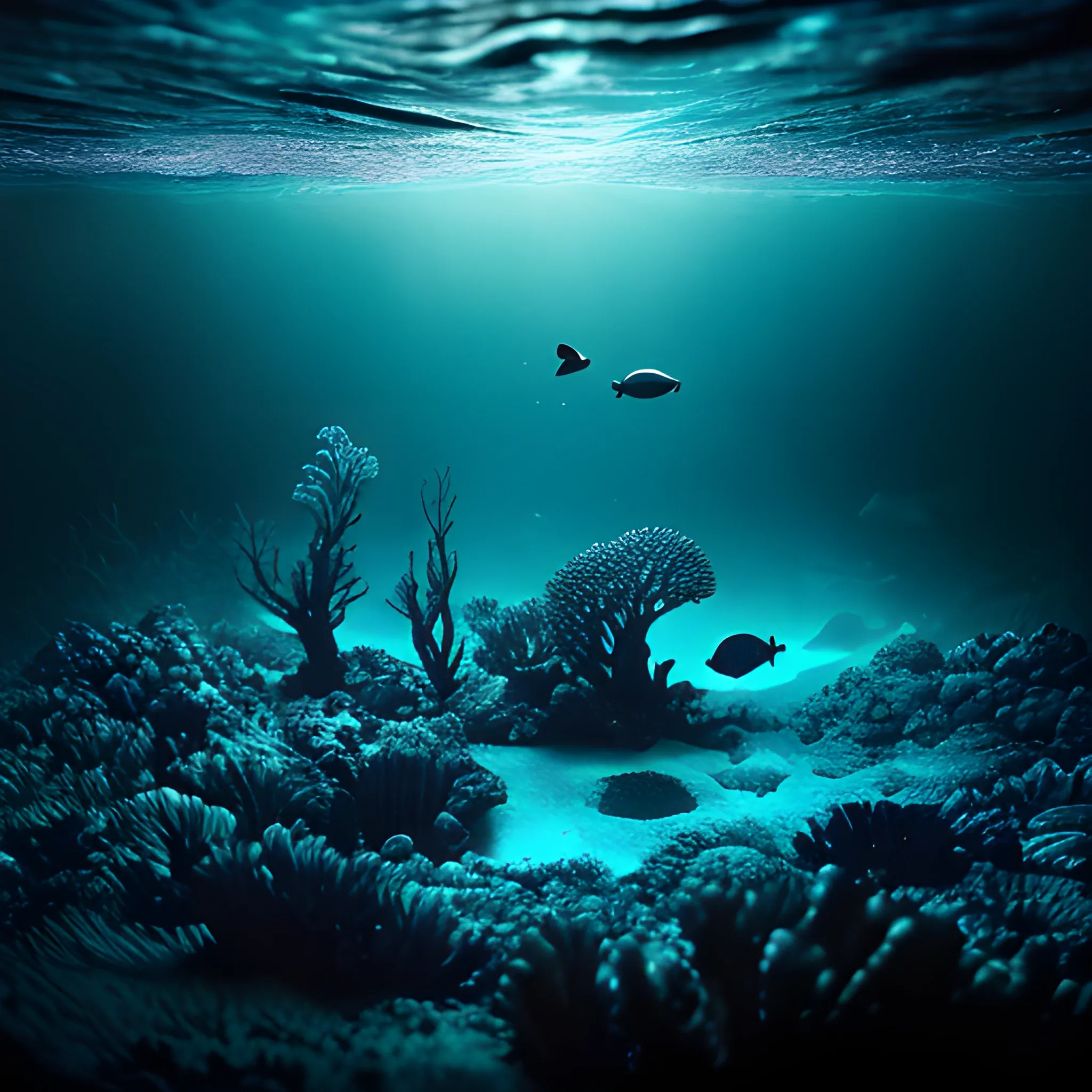 Under the sea landscape, no fish, no corals, very dark, too dark, dark fantasy style feeling of fear, dark bacground, ultra-realistic, macro photography, hyperrealistic, landscape, , fantastic blacklight, the camera lets you see a pco of sky out of the water
