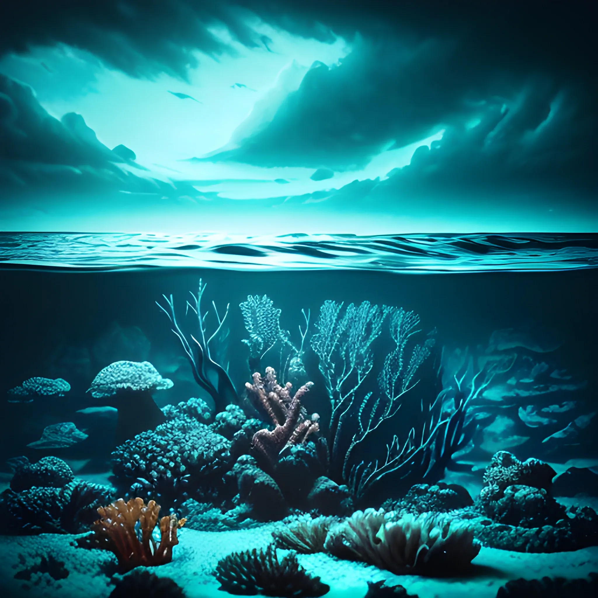Under the sea landscape, no fish, no corals, very dark, too dark, dark fantasy style feeling of fear, dark bacground, ultra-realistic, macro photography, hyperrealistic, landscape, , fantastic blacklight, the camera lets you see a part of sky out of the water