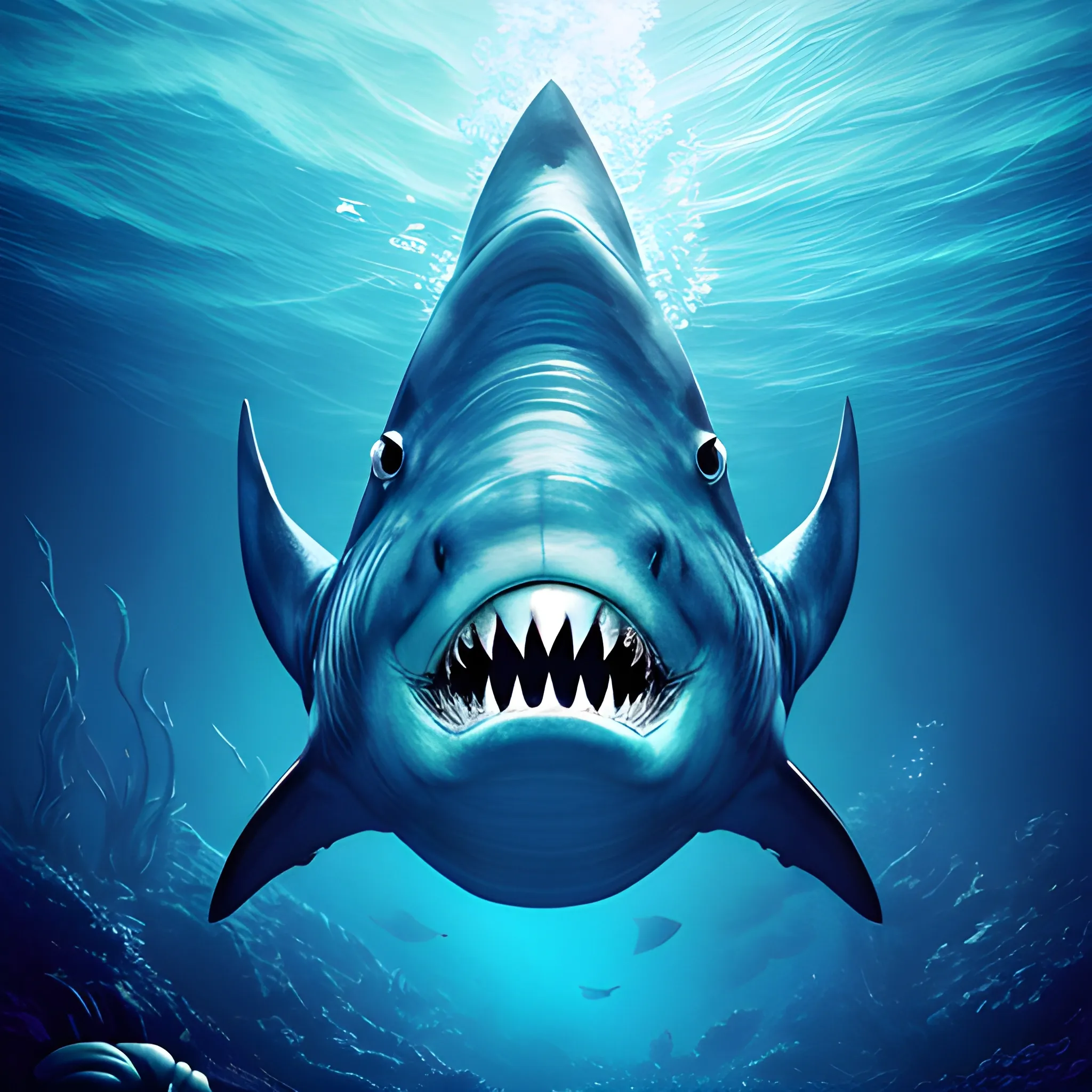 Large shark-like underwater mythological creature, open mouth and sharp teeth focused on the camera while its body and dorsal fin are seen sideways, under the sea, blue background, intricate textures, masterfully elaboadas, blue background Watercolor, trend in artstation, sharp focus, studio photo, intricate details, very detailed, --q 99 --testp --chaos 90 Under the sea landscape, no fish, no corals, very dark, too dark, dark fantasy style feeling of fear, dark bacground, ultra-realistic, macro photography, hyperrealistic, landscape, , fantastic blacklight, the camera lets you see a part of sky out of the water