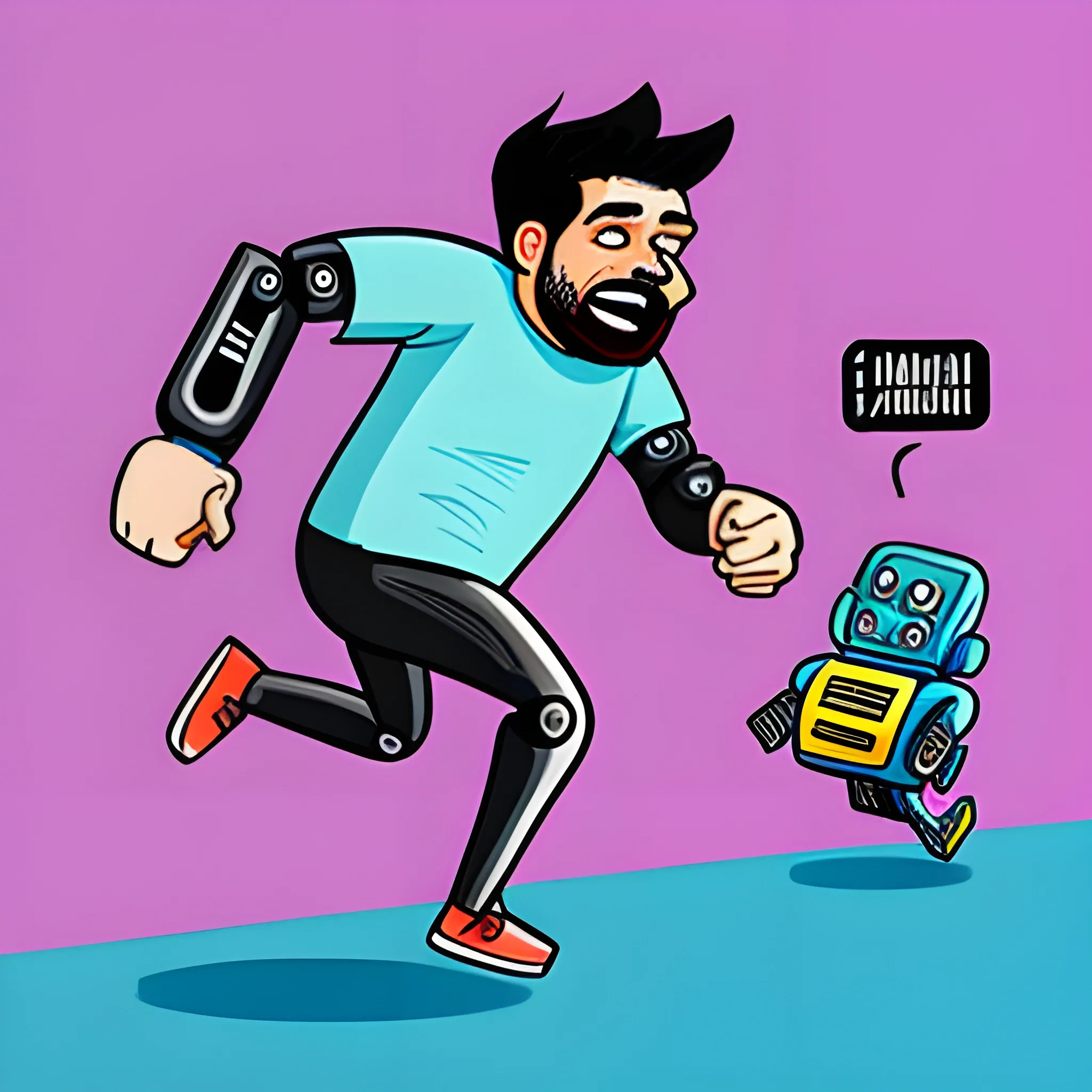 Caricatura de un hombre con un serrucho corriendo a un robot de AI., Cartoon