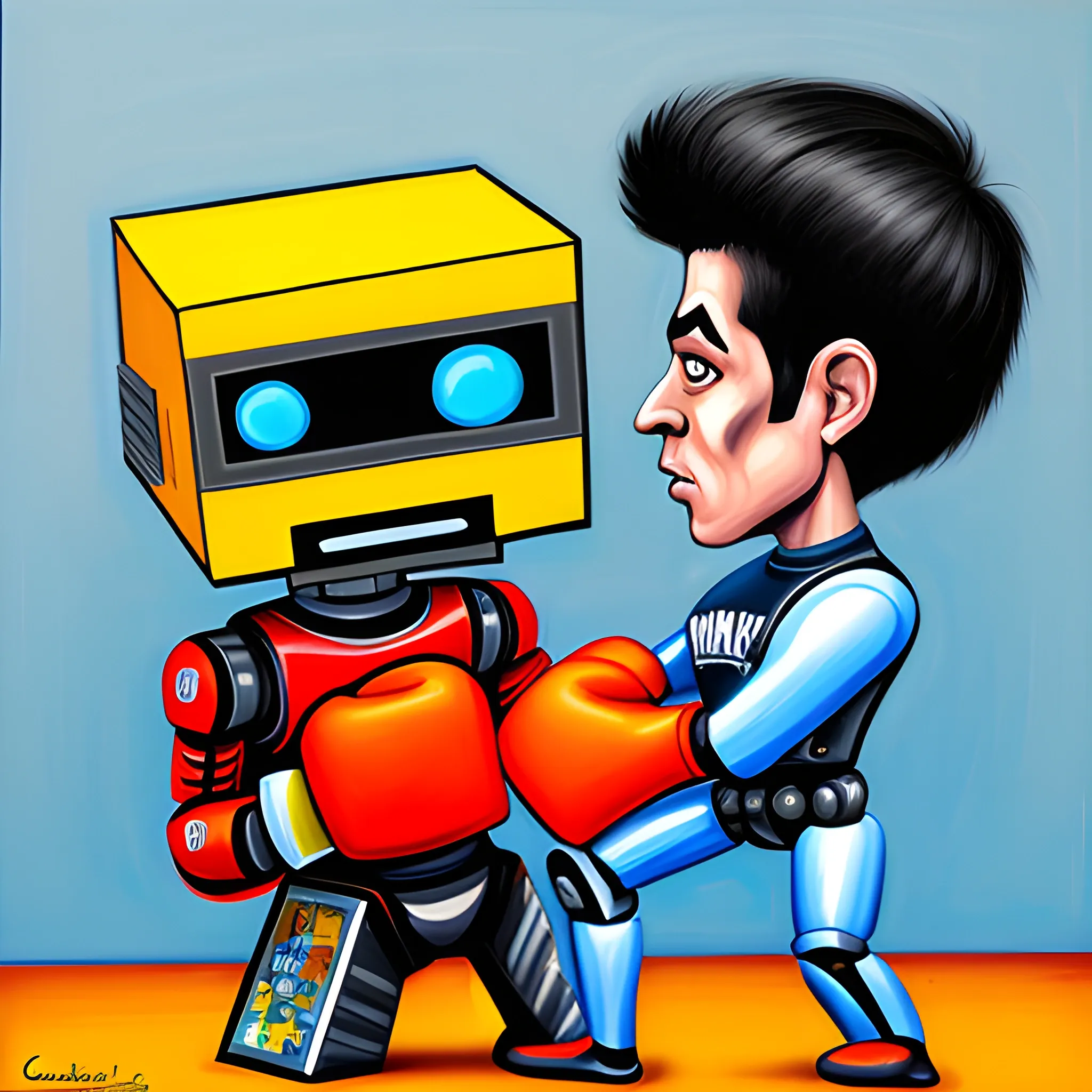 Caricatura de un hombre boxeando con un robot de AI., Cartoon, Oil Painting