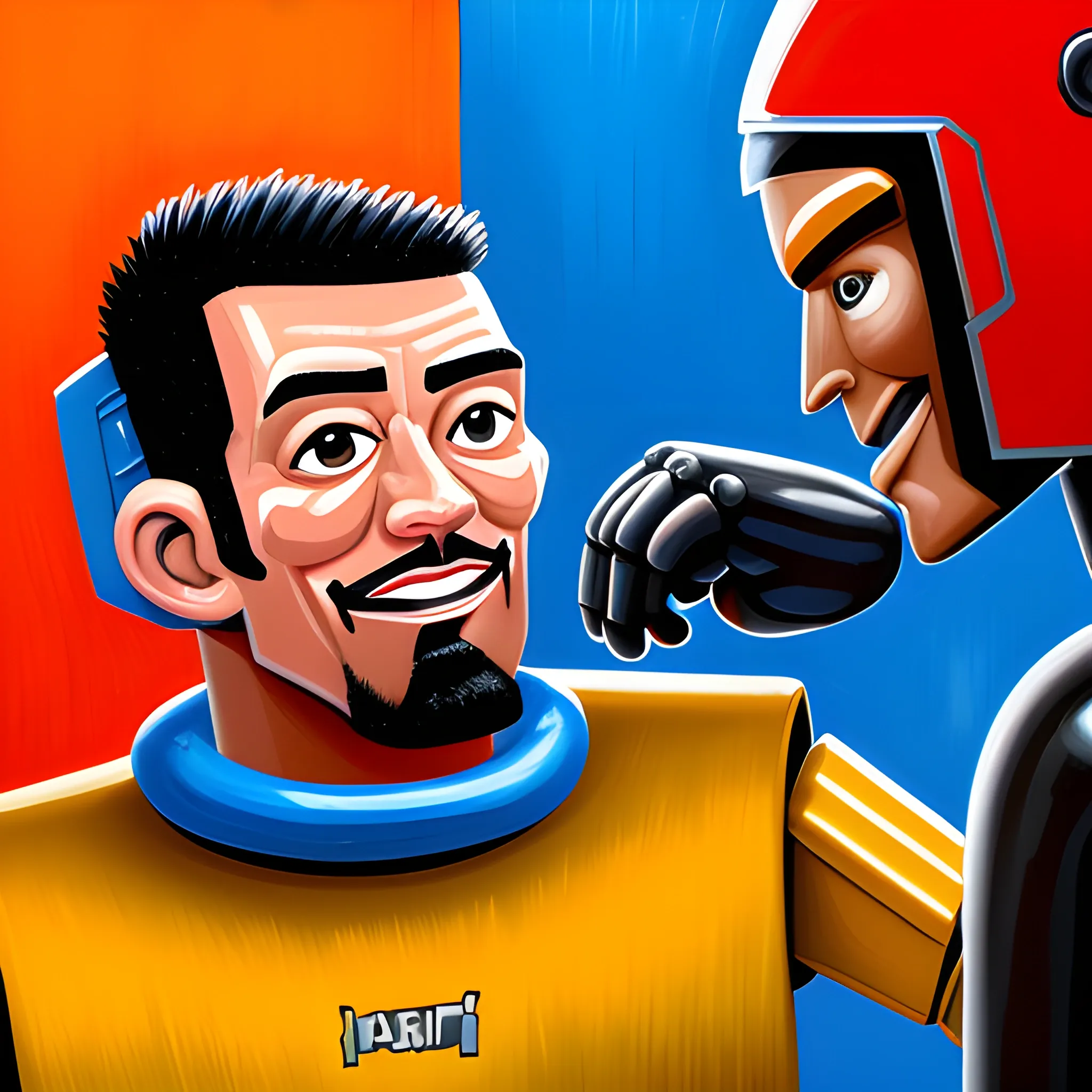 Caricatura de un hombre boxeando con un robot de AI., Cartoon, Oil Painting