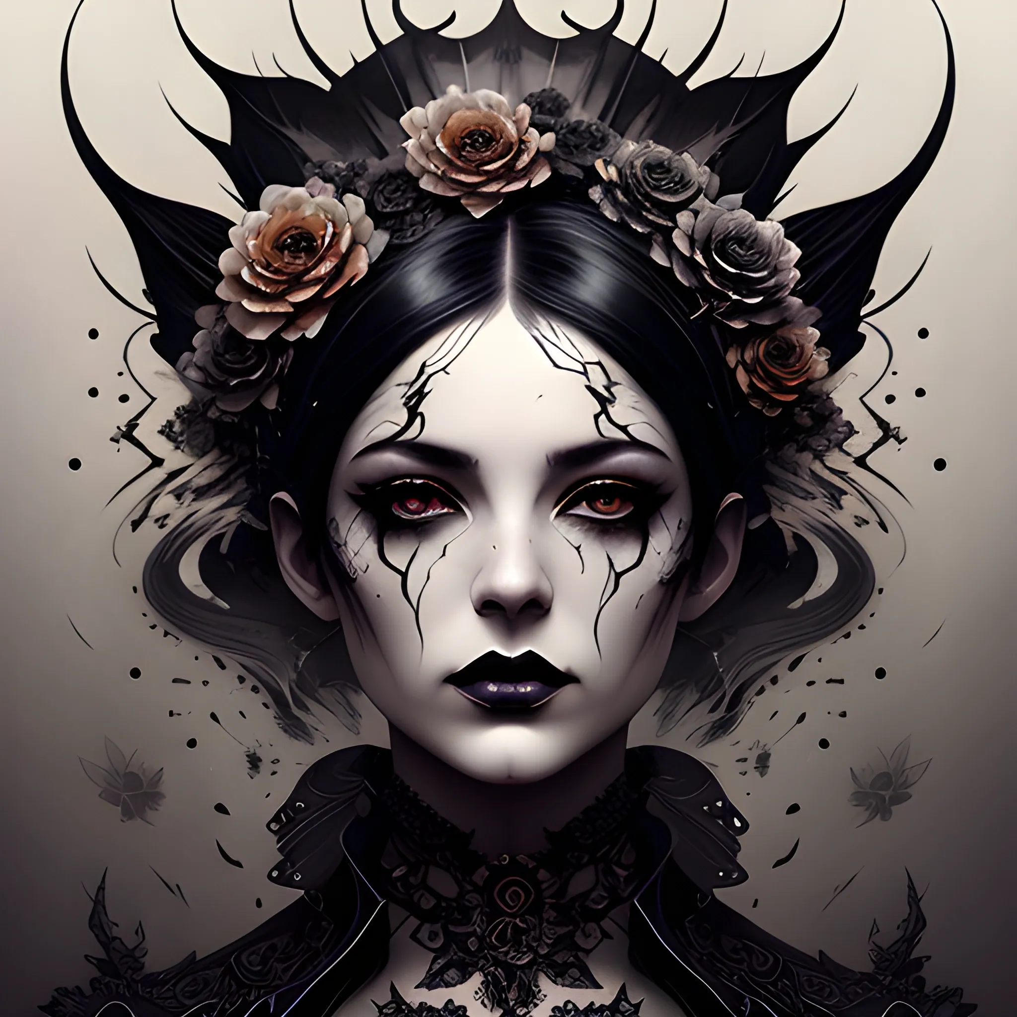 gothic beauty portrait, intricate calligraphy smoke ink, flower, dripping black gold paint, stylized art by WLOP, artgerm, Peter Mohrbacher, artstation, intricate details, 8k, high resolution, abstract colorful background, Oil Painting