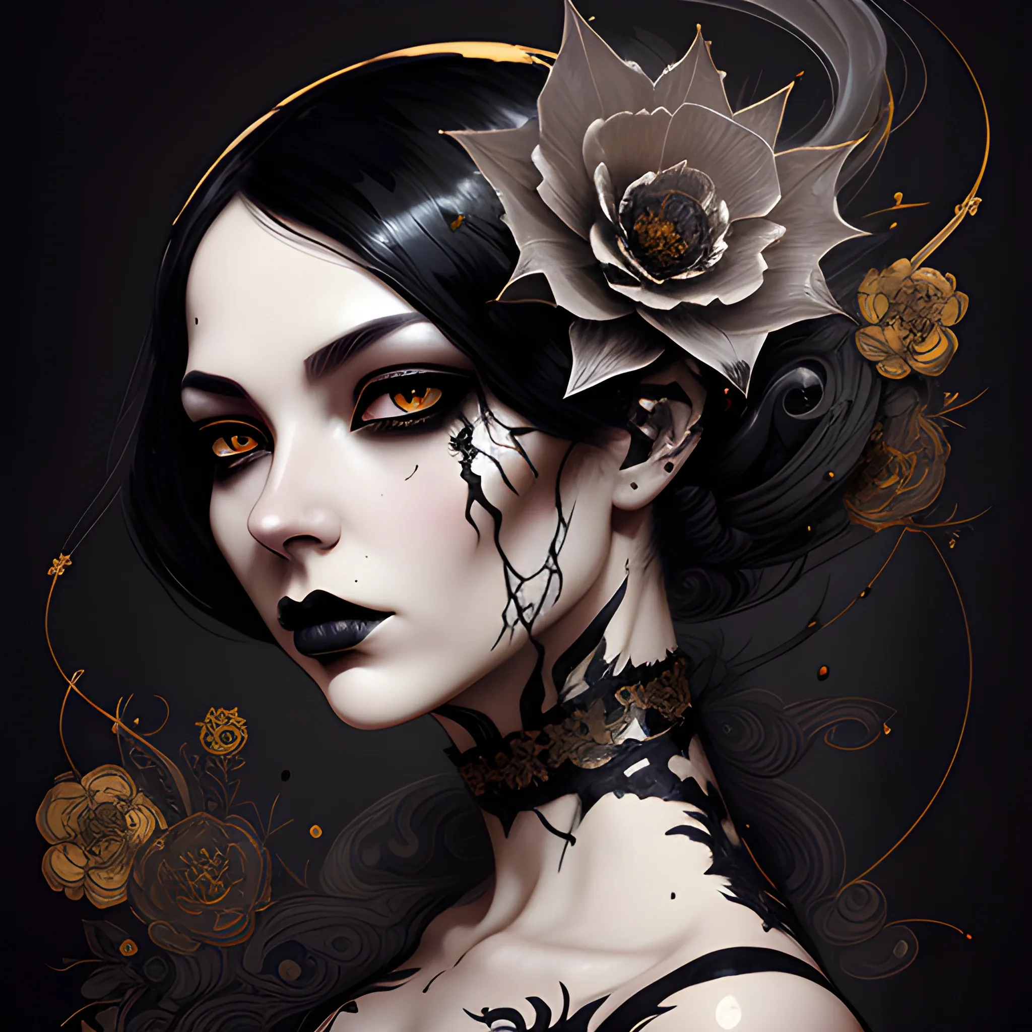 gothic beauty portrait, intricate calligraphy smoke ink, flower, dripping black gold paint, stylized art by WLOP, artgerm, Peter Mohrbacher, artstation, intricate details, 8k, high resolution, abstract colorful background, Pencil Sketch