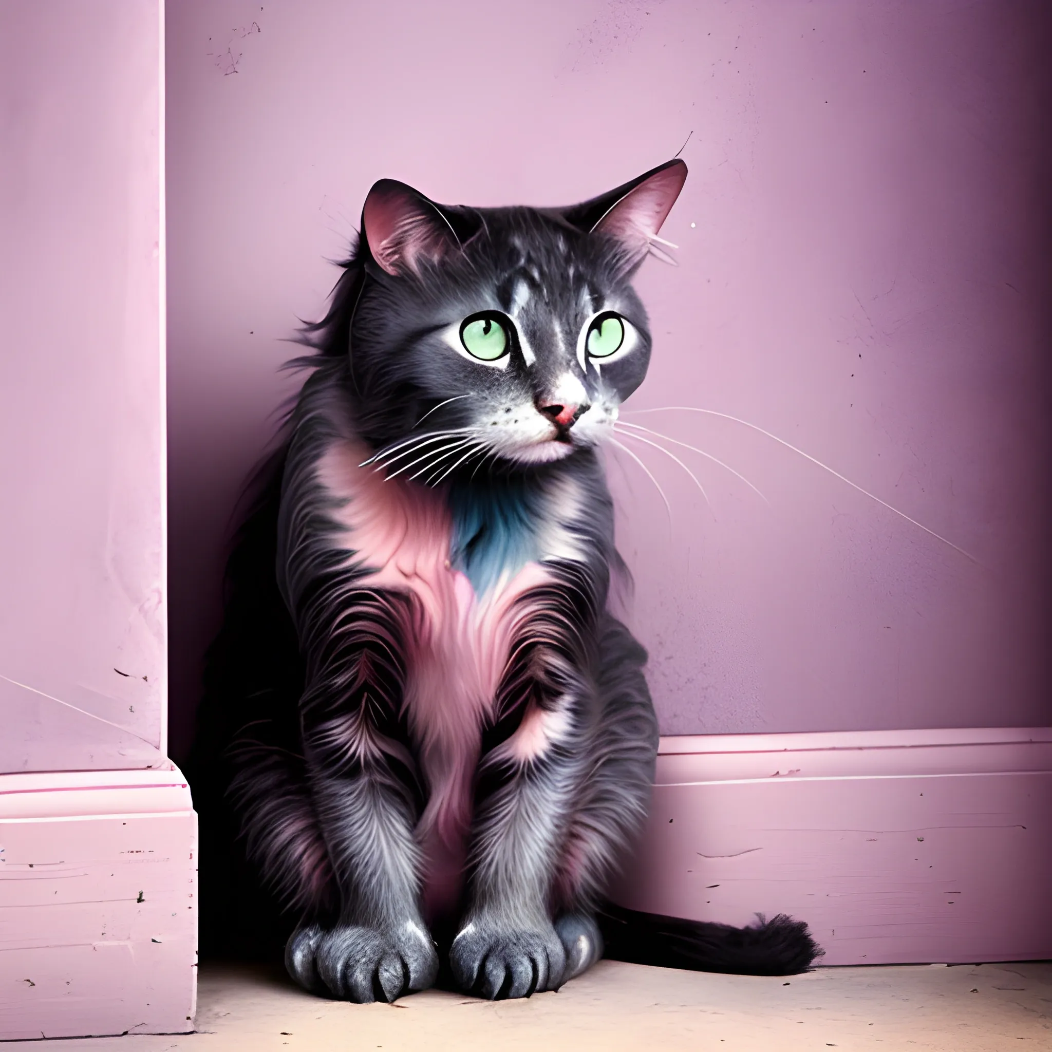 A brooding ragged cat sitting in the corner, deep in thought, stunning pastel colors