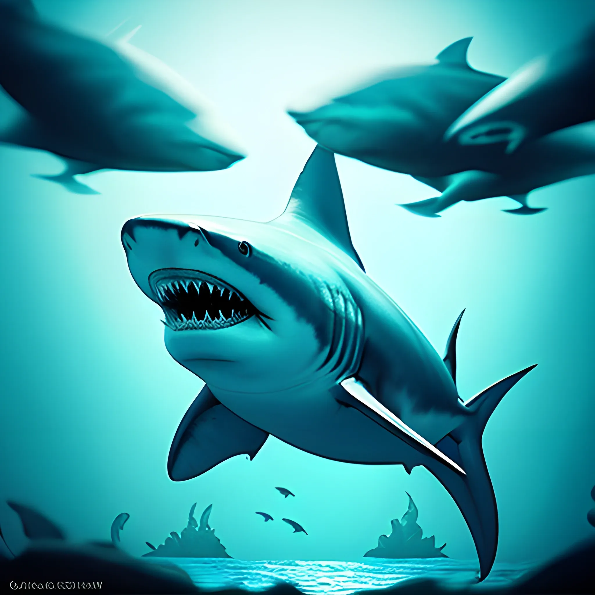 Large shark-like , open mouth and sharp teeth focused on the camera while its body and dorsal fin are seen sideways, under the sea, blue background, masterfully elaboreted, blue background Watercolor, trend in artstation, sharp focus, studio photo, intricate details, very detailed,  Under the sea landscape, no fish, no corals, very dark, too dark, dark fantasy style feeling of fear, dark bacground, ultra-realistic, macro photography, hyperrealistic, landscape, , fantastic blacklight, the camera lets you see a part of sky out of the water
