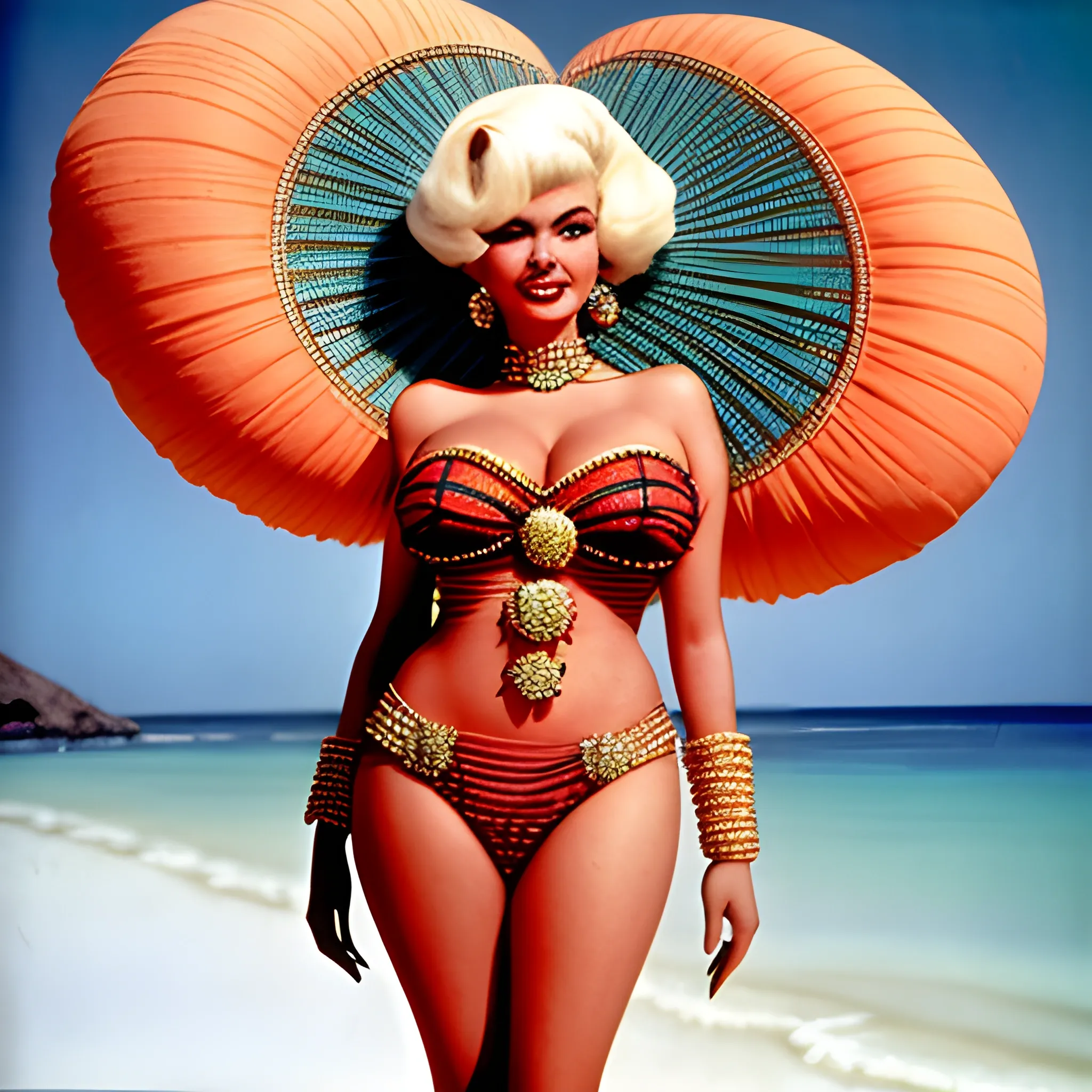 jayne mansfield on a beach, afrofuturist style, 1920s orientalism, 1970s fashion, coral reef, by george pal, 1920s fashion