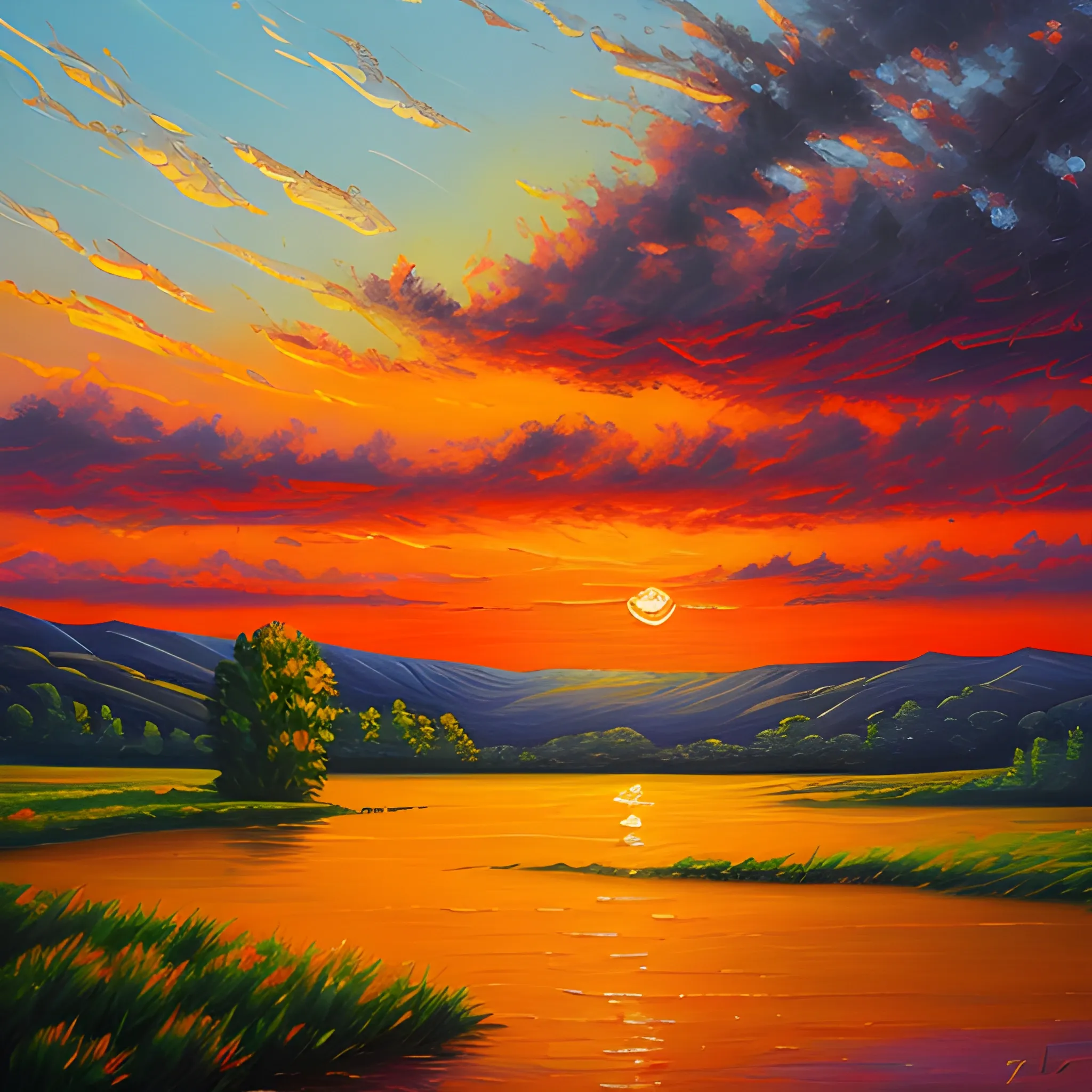 Sunset landscape painting, oil painting style