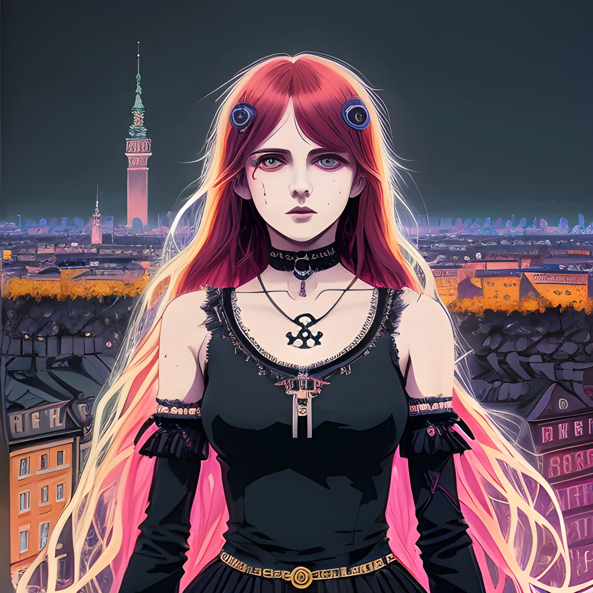 An image of messy hair slavic woman wearing choker in a manga art, anime style character  red and sillver colors,  true aesthetics, casual fashion shot of a beautiful modern woman posing in front of a psychedelic art nouveau style. classy style polish female, full figure, fit, ellegant tight black costume, miniskirt,  legs,  choker, cross, long hair, classy,  beautiful face, manga eyes, open mouth,  Warsaw city in the background, dark night, art by Greg Rutkowski, acrylic, high contrast, colorful polychromatic, ultra detailed, ultra quality, CGSocietyHighly detailed, highest quality, 3D, , Trippy