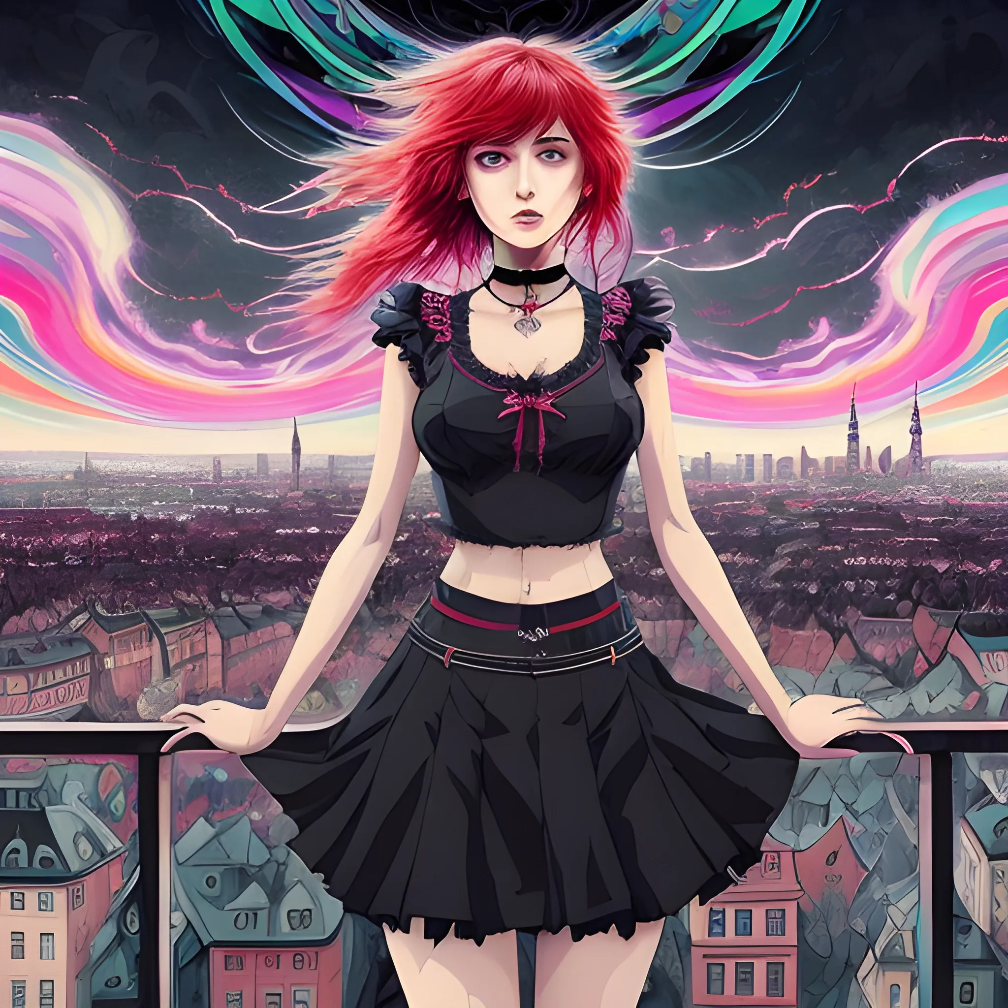 An image of messy hair slavic woman wearing choker in a manga art, anime style character  red and sillver colors,  true aesthetics, casual fashion shot of a beautiful modern woman posing in front of a psychedelic art nouveau style. classy style polish female, full figure, fit, ellegant tight black costume, miniskirt,  legs,  choker, cross, long hair, classy,  beautiful face, manga eyes, open mouth,  Warsaw city in the background, stormy night, art by Greg Rutkowski, acrylic, high contrast, colorful polychromatic, ultra detailed, ultra quality, CGSocietyHighly detailed, highest quality, 3D, , Trippy