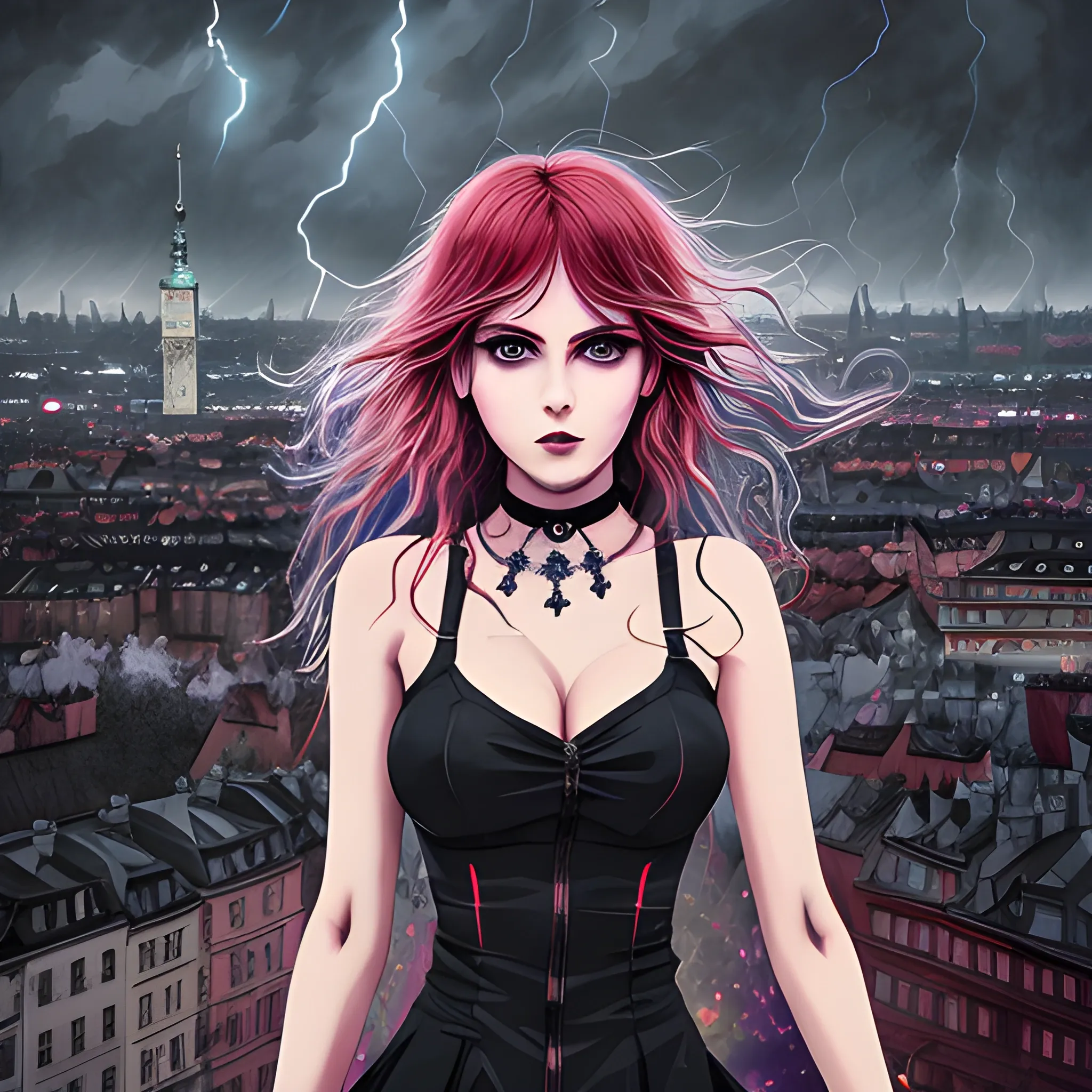 An image of messy hair slavic woman wearing choker in a manga art, anime style character  red and sillver colors,  true aesthetics, casual fashion shot of a beautiful modern woman posing in front of a psychedelic art nouveau style. classy style polish female, full figure, fit, ellegant tight black costume, miniskirt,  legs,  choker, cross, long hair, classy,  beautiful face, manga eyes, open mouth,  Warsaw city in the background, stormy night, art by Greg Rutkowski, acrylic, high contrast, colorful polychromatic, ultra detailed, ultra quality, CGSocietyHighly detailed, highest quality, 3D, , Trippy