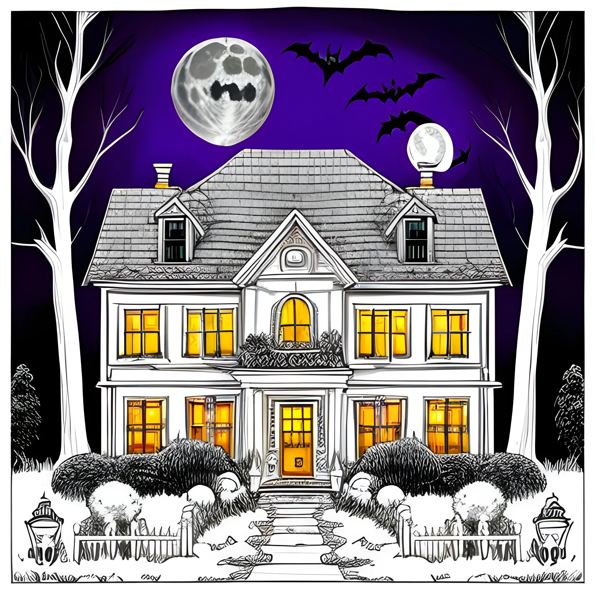 coloring book white, house, halloween, light, moon
