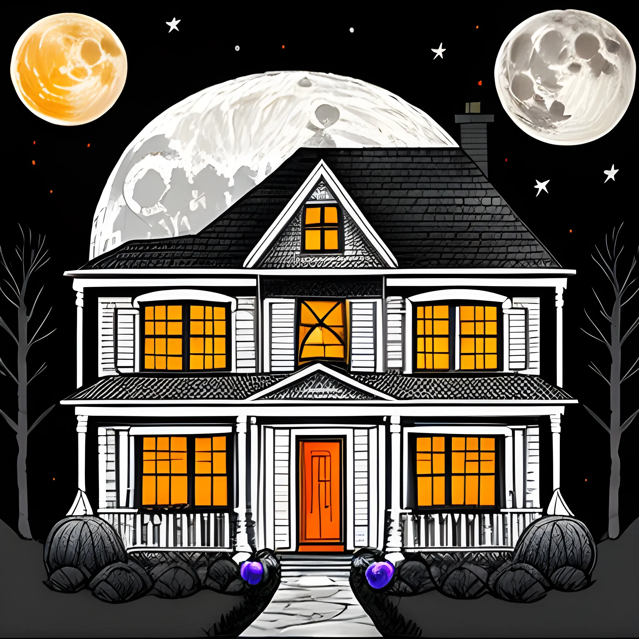 coloring book white, house in halloween, with the moon

