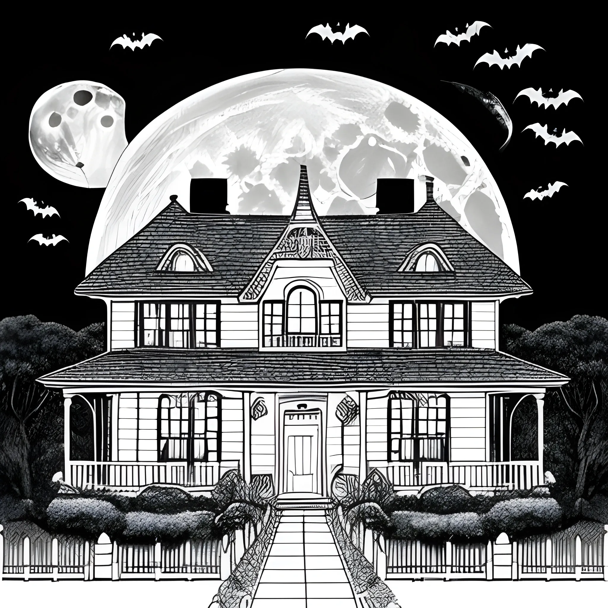 coloring book white, house in halloween, with the moon, only lines, 
