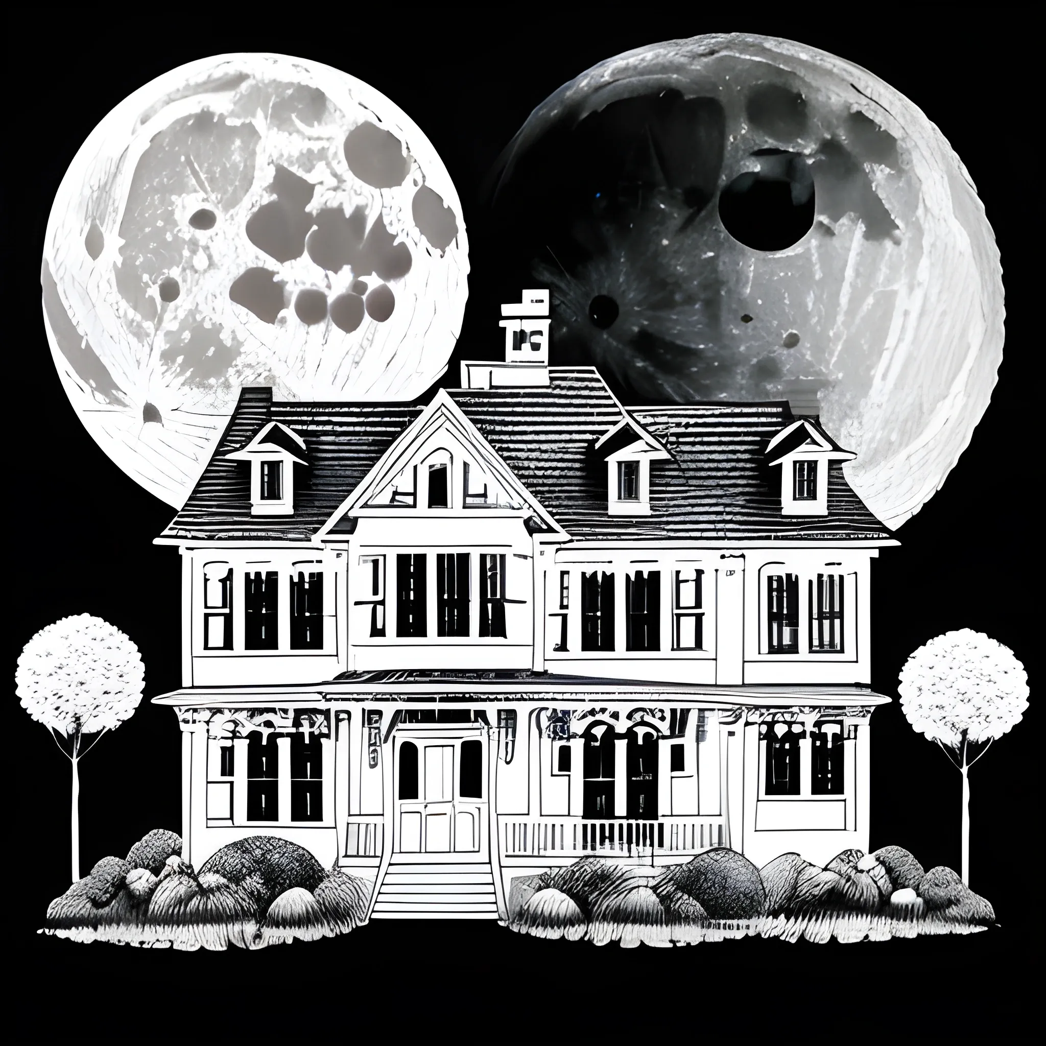 coloring book white, house in halloween, with the moon, only lines, background white
