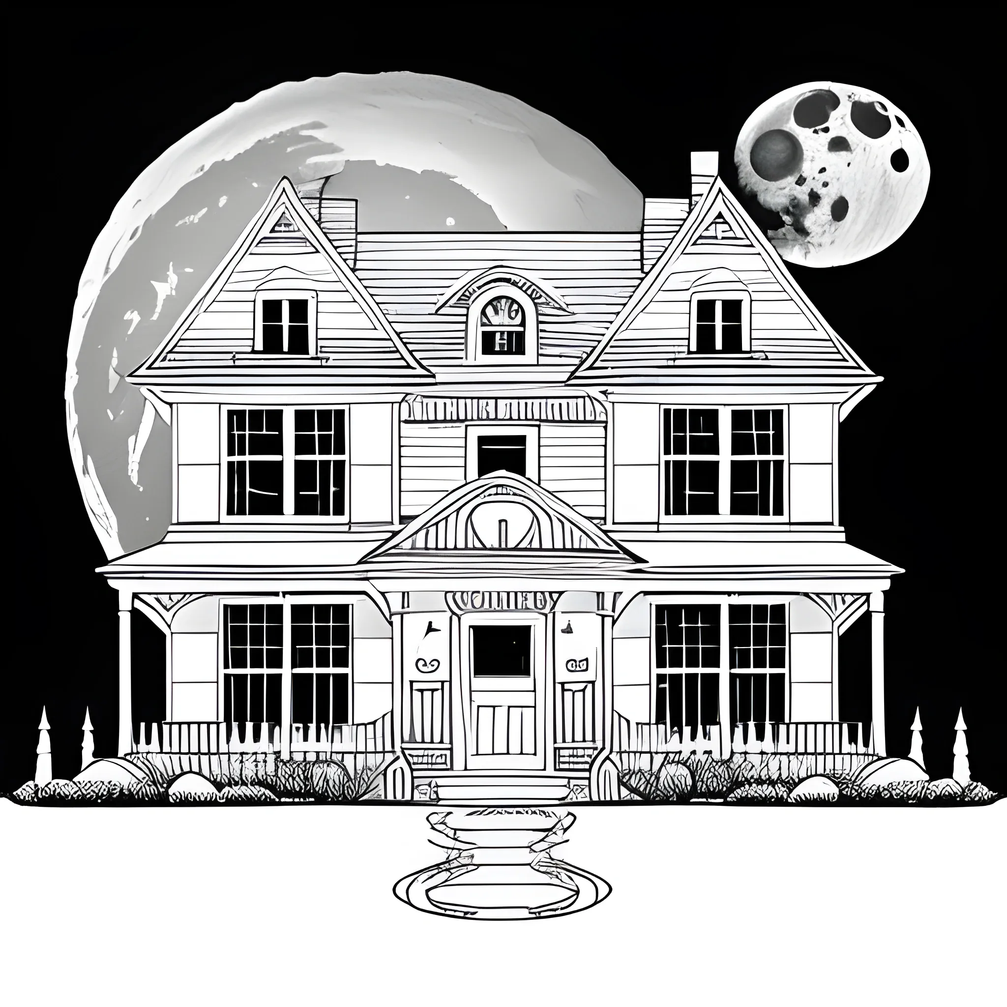 coloring book white, house in halloween, with the moon, only lines, white background 
