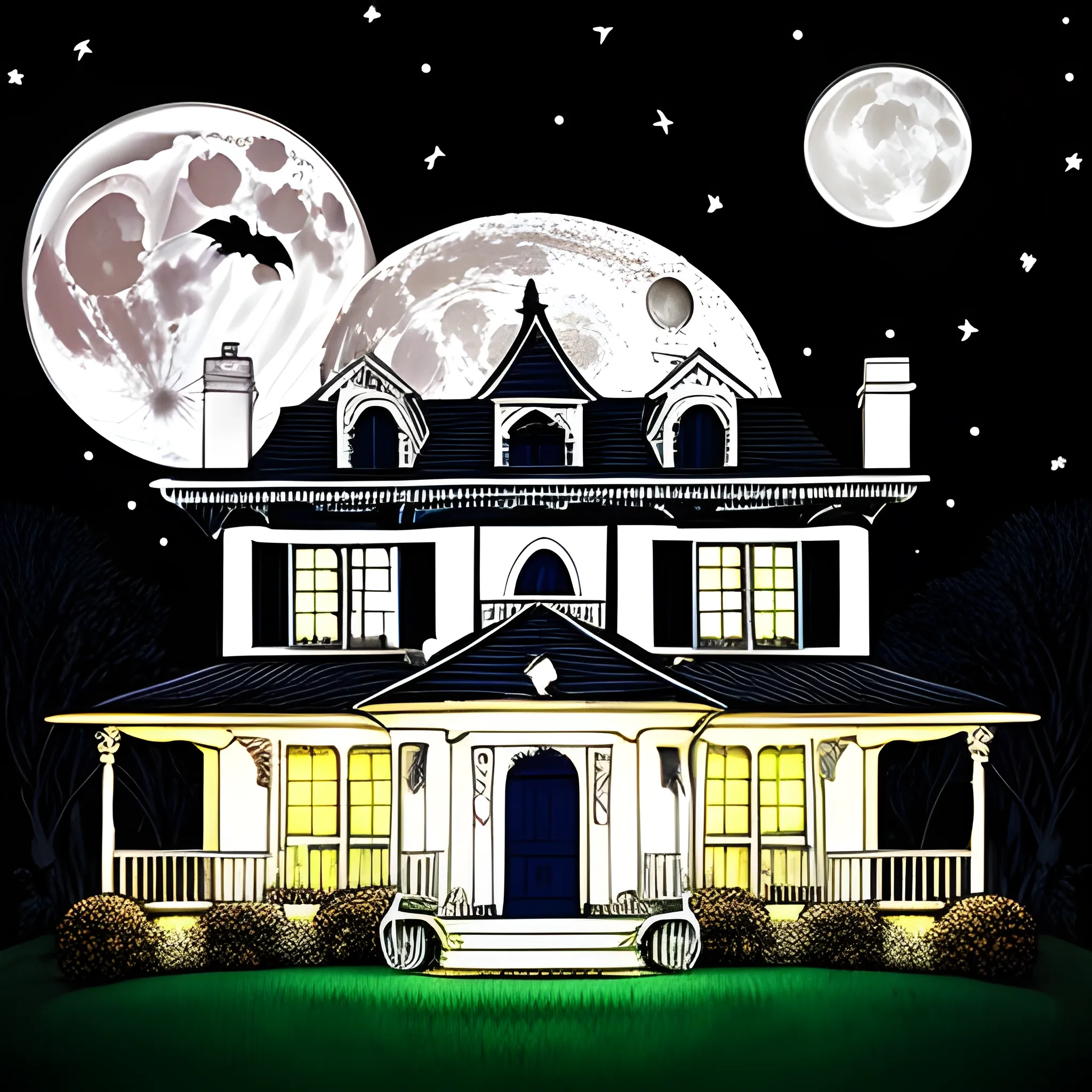 coloring book white, house in halloween, with the moon, only lines, white background, light night 
