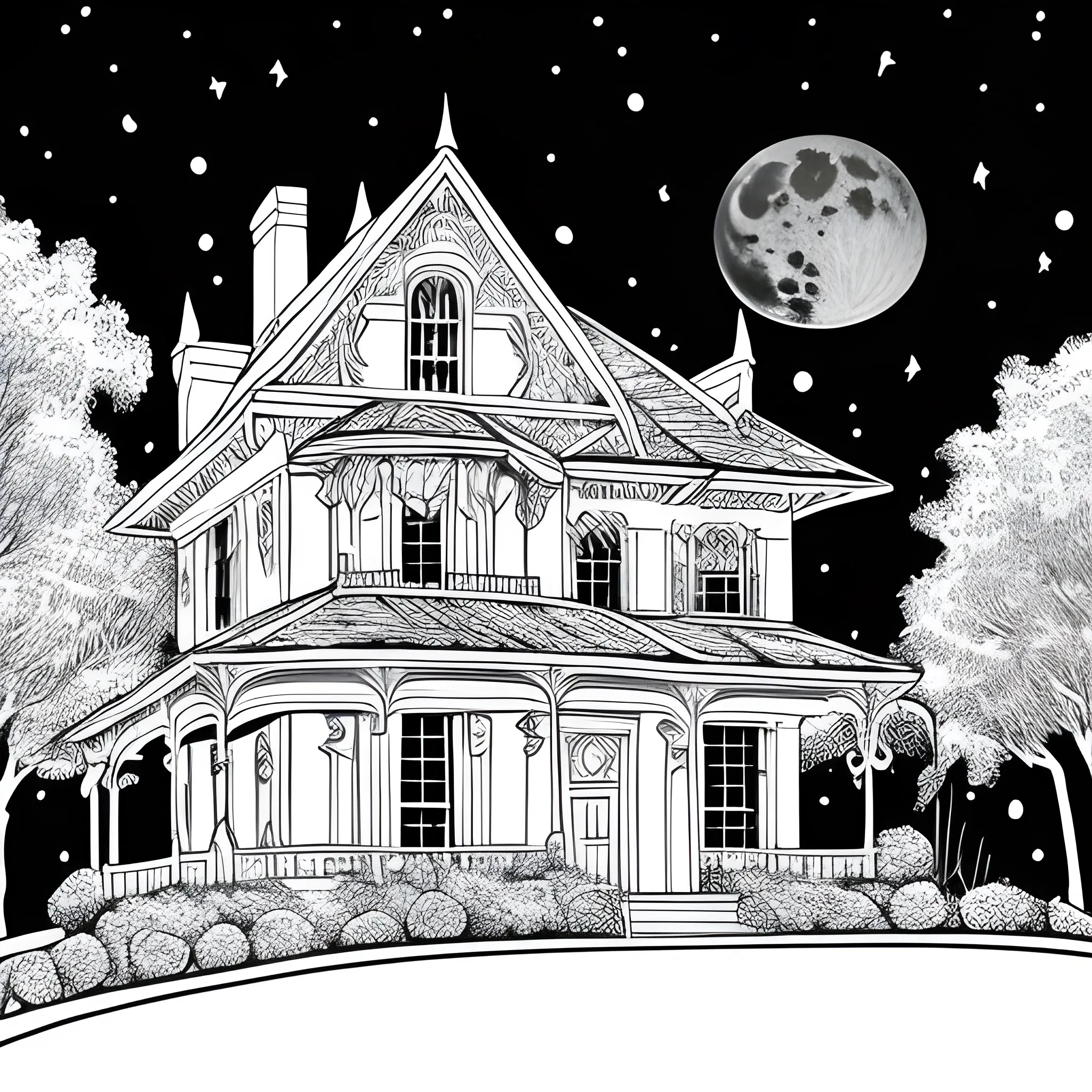 coloring book white, house in halloween, with the moon, only lines, white background page,  night, whotouhg
