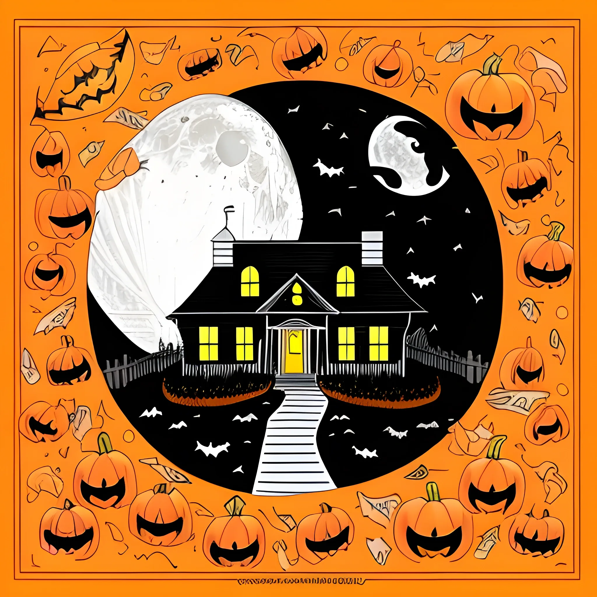 coloring book white, house in halloween, with the moon, only lines, white background page, whotouhg
