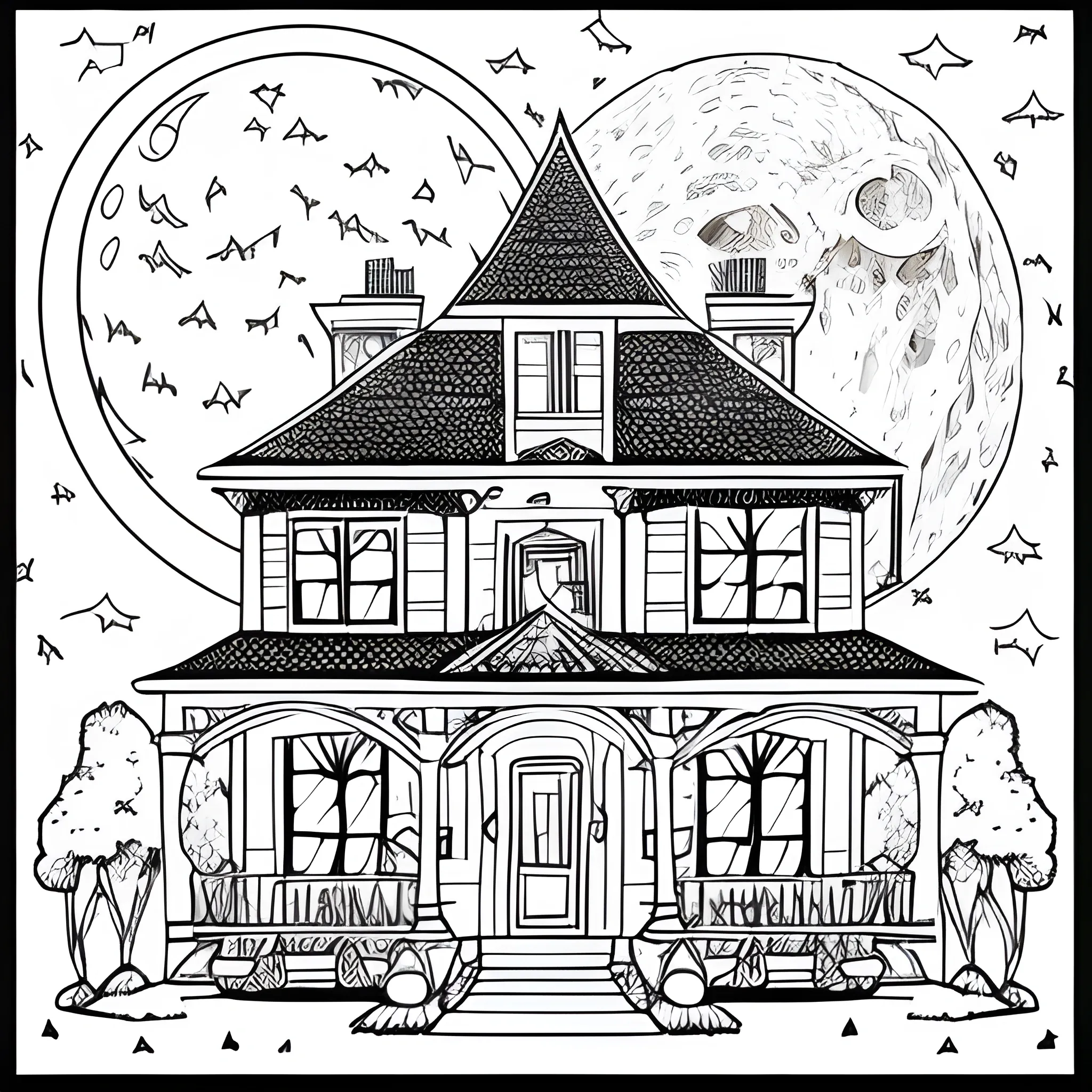 coloring book white, house in halloween, with the moon, only lines, white background page, 
