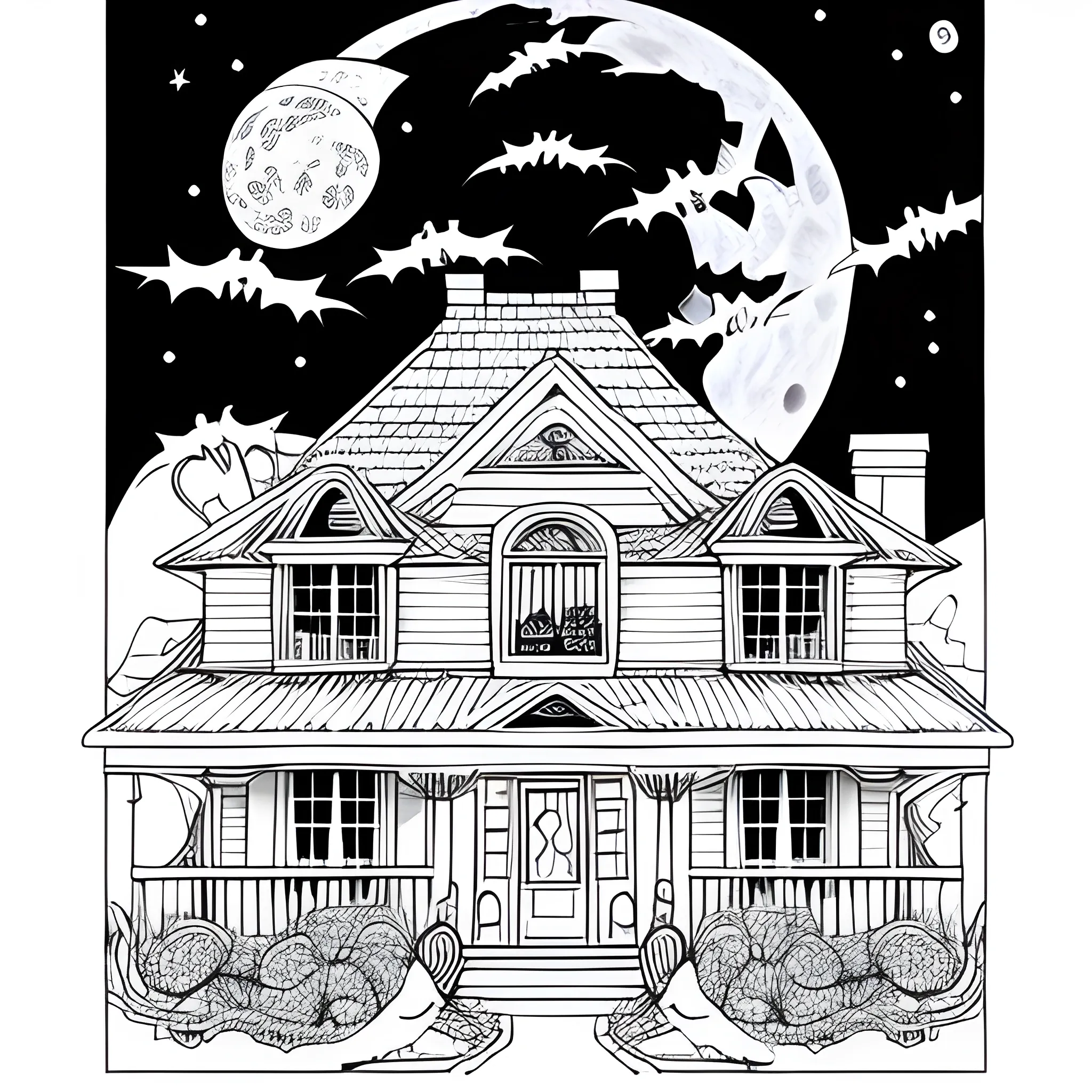 coloring book white, house in halloween, with the moon, only lines, white background page, 
