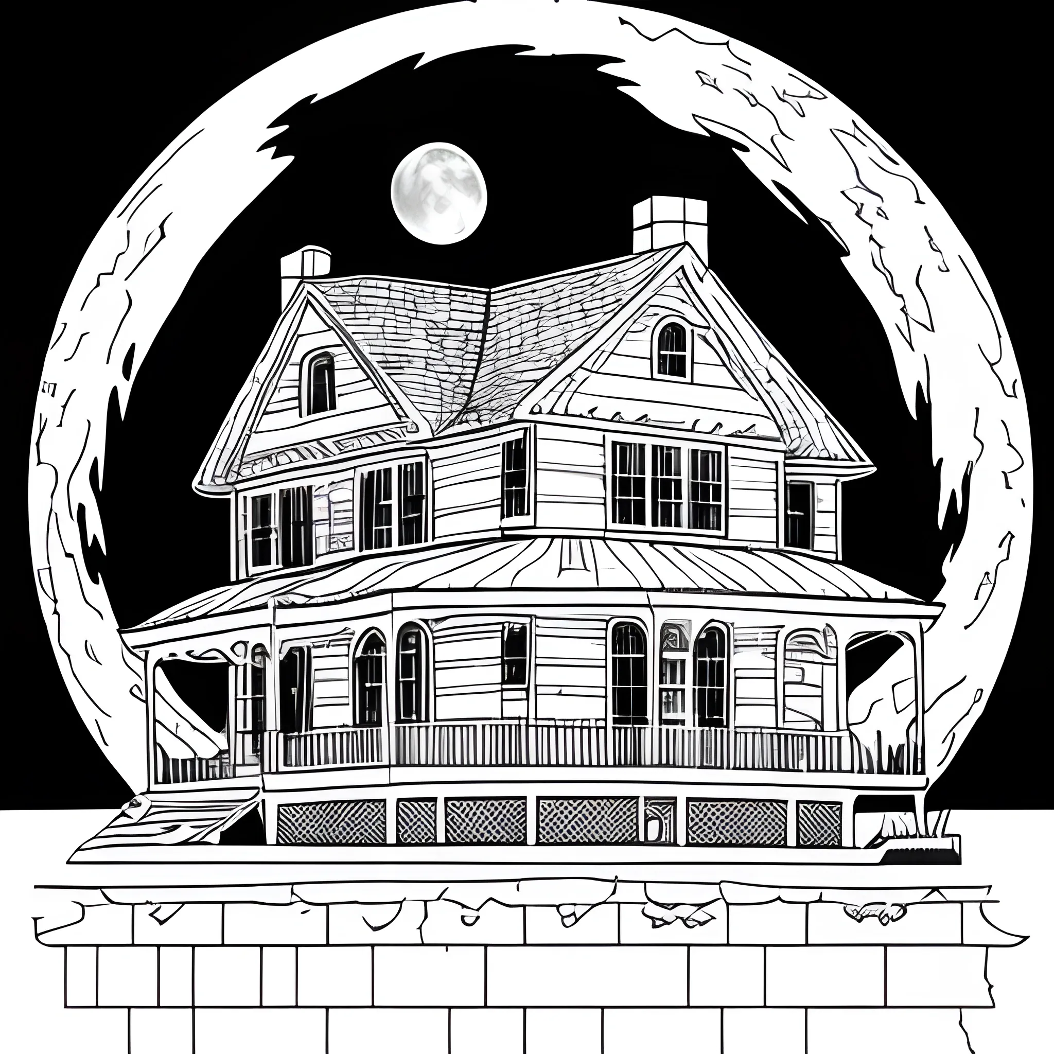 coloring book white, house in halloween, moon, only lines, white background page, no color planes
