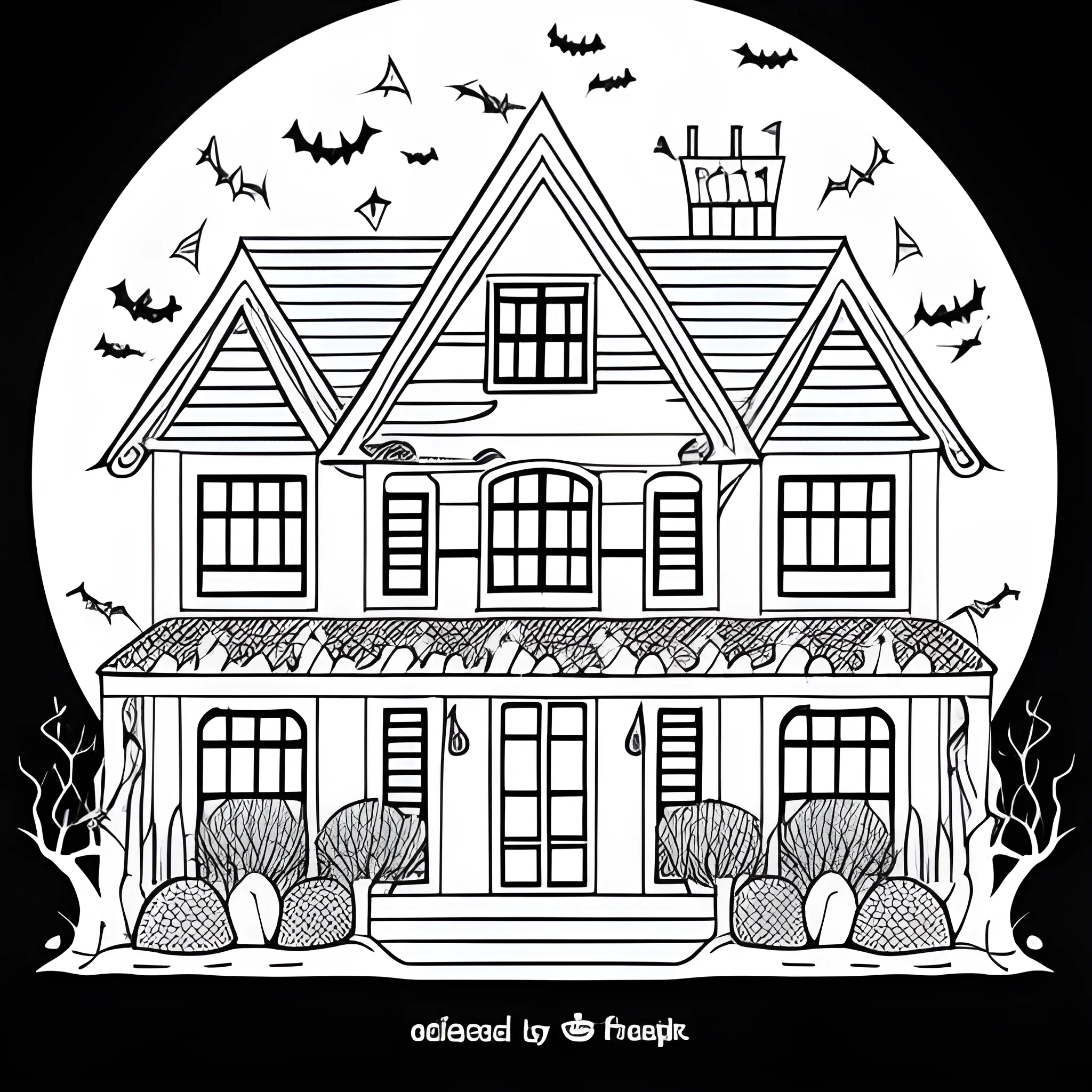 coloring book white, house in halloween, only lines, white background page, no color planes
