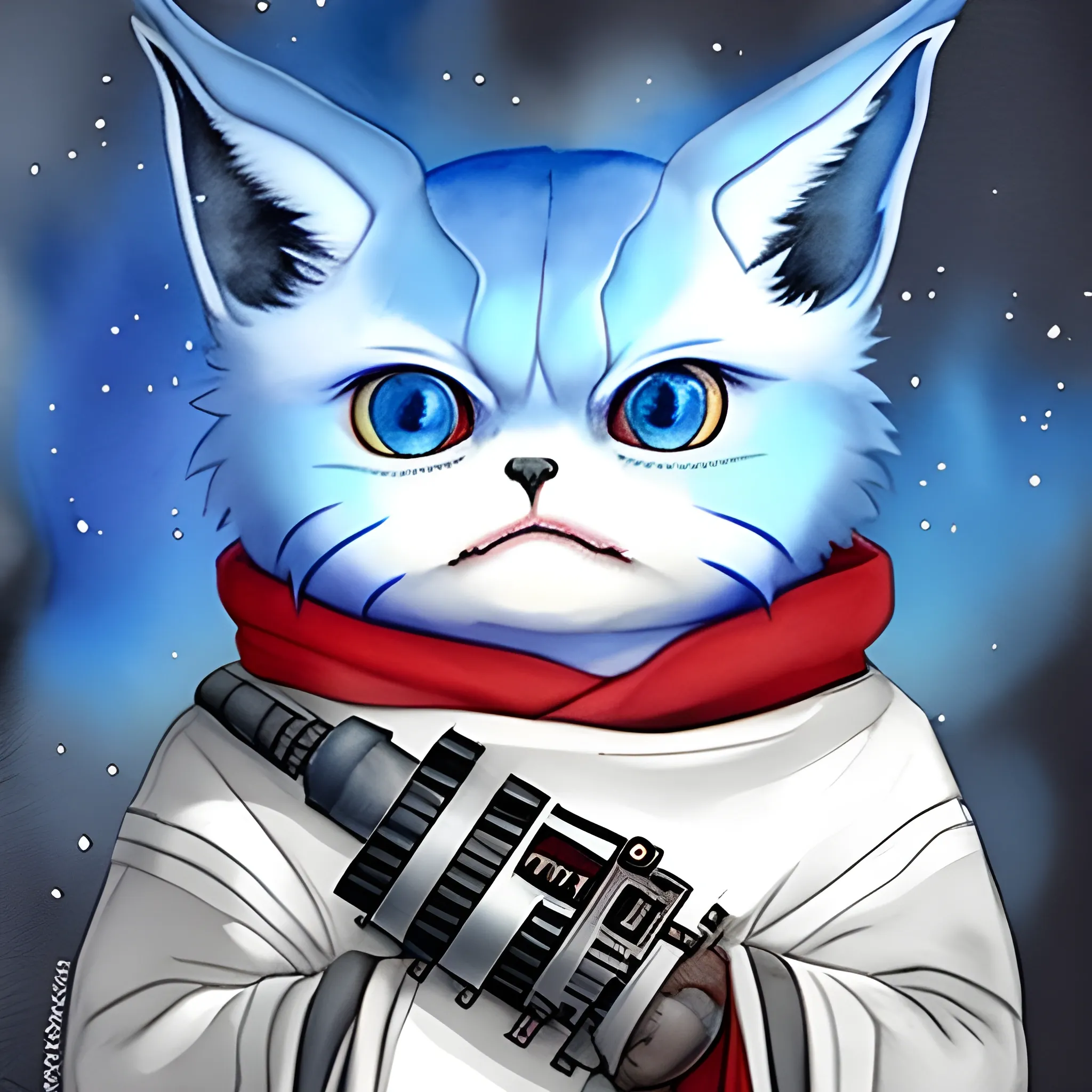 Loth-cat, Star Wars, the force, angry, cute, white-grey coat fur, blue and red mixed eyes. , Water Color