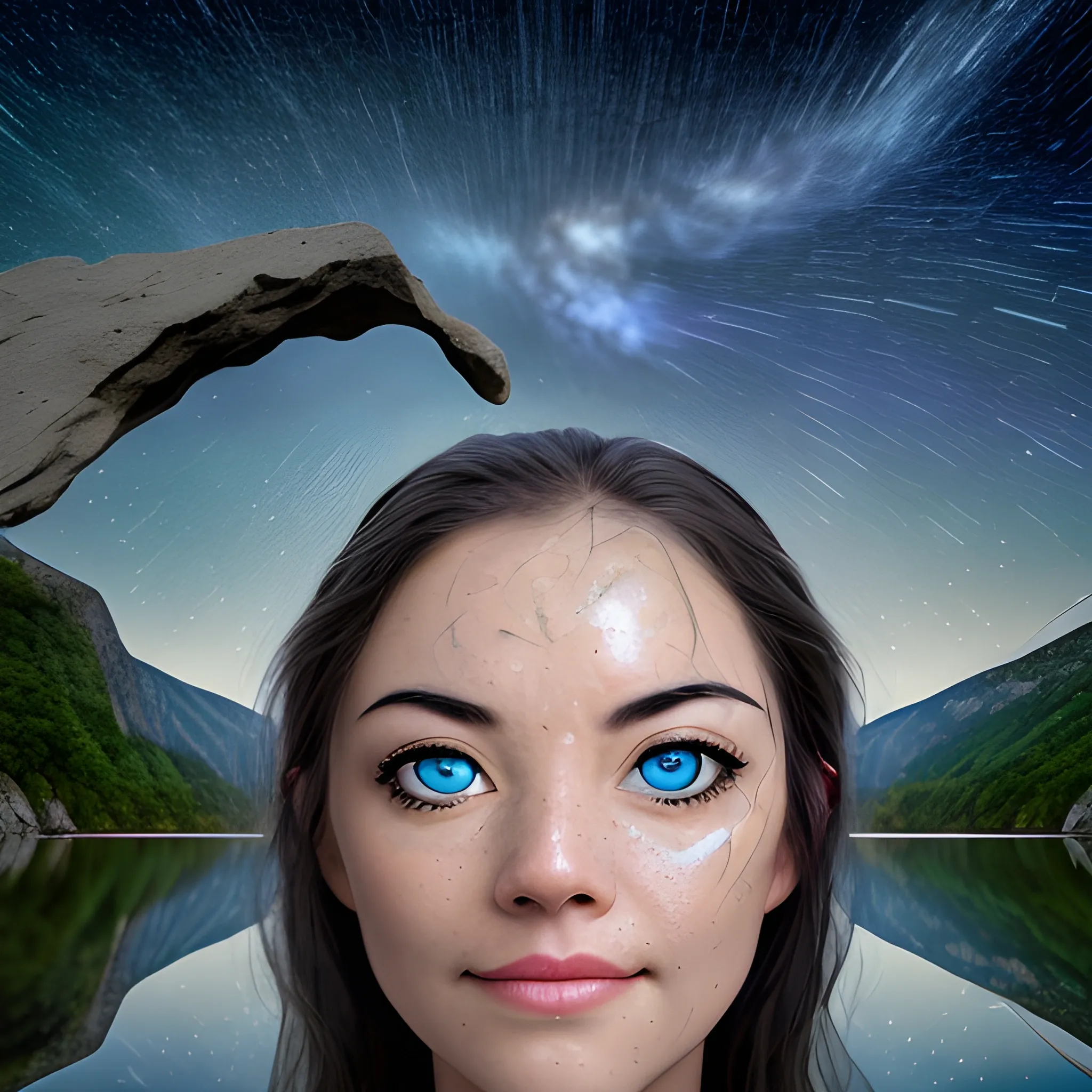face emerging from a mountain of limestone rock and gushing waterfalls from these 2 eyes towards a lake in the foreground, a starry night sky with spinning stars in the background, 4K ulta 