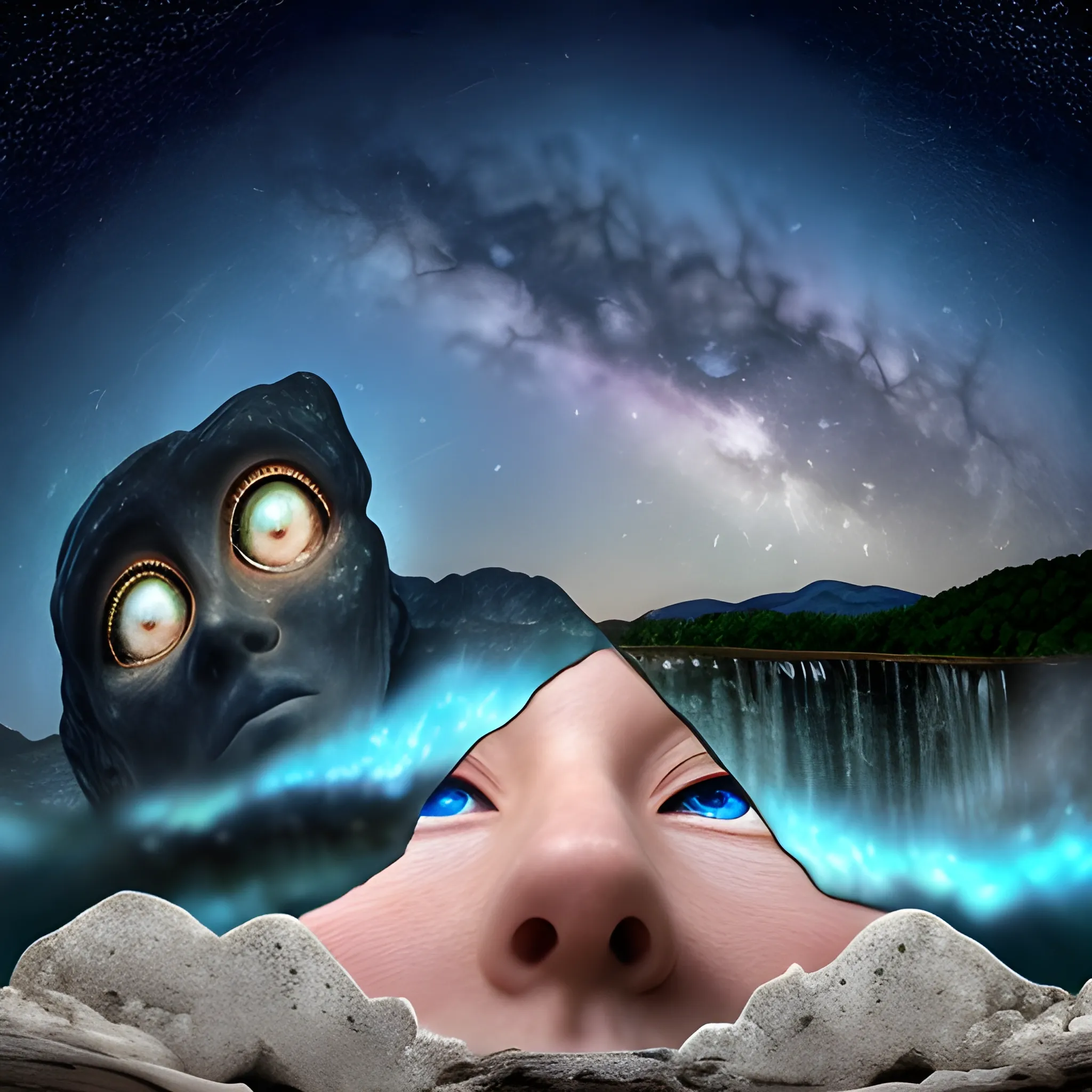 face emerging from a mountain of limestone rock and gushing waterfalls from these 2 eyes towards a lake in the foreground, a starry night sky with spinning stars in the background, 4K ulta , Trippy